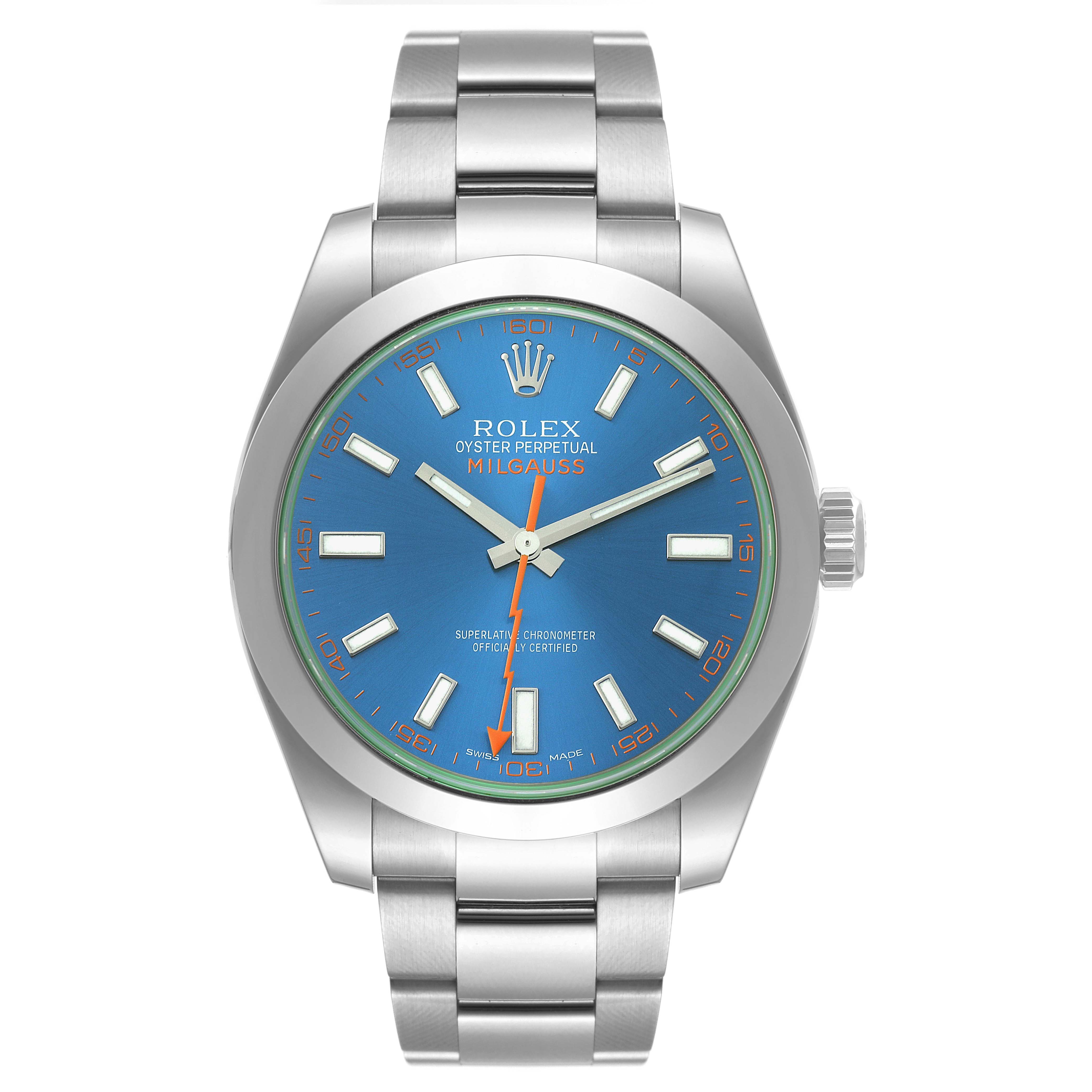 The image shows a front view of the Rolex Milgauss 116400 Men
s Stainless Steel Blue Dial 116400 Men
s Stainless Steel Blue Dial watch, displaying its dial, hands, and bracelet.