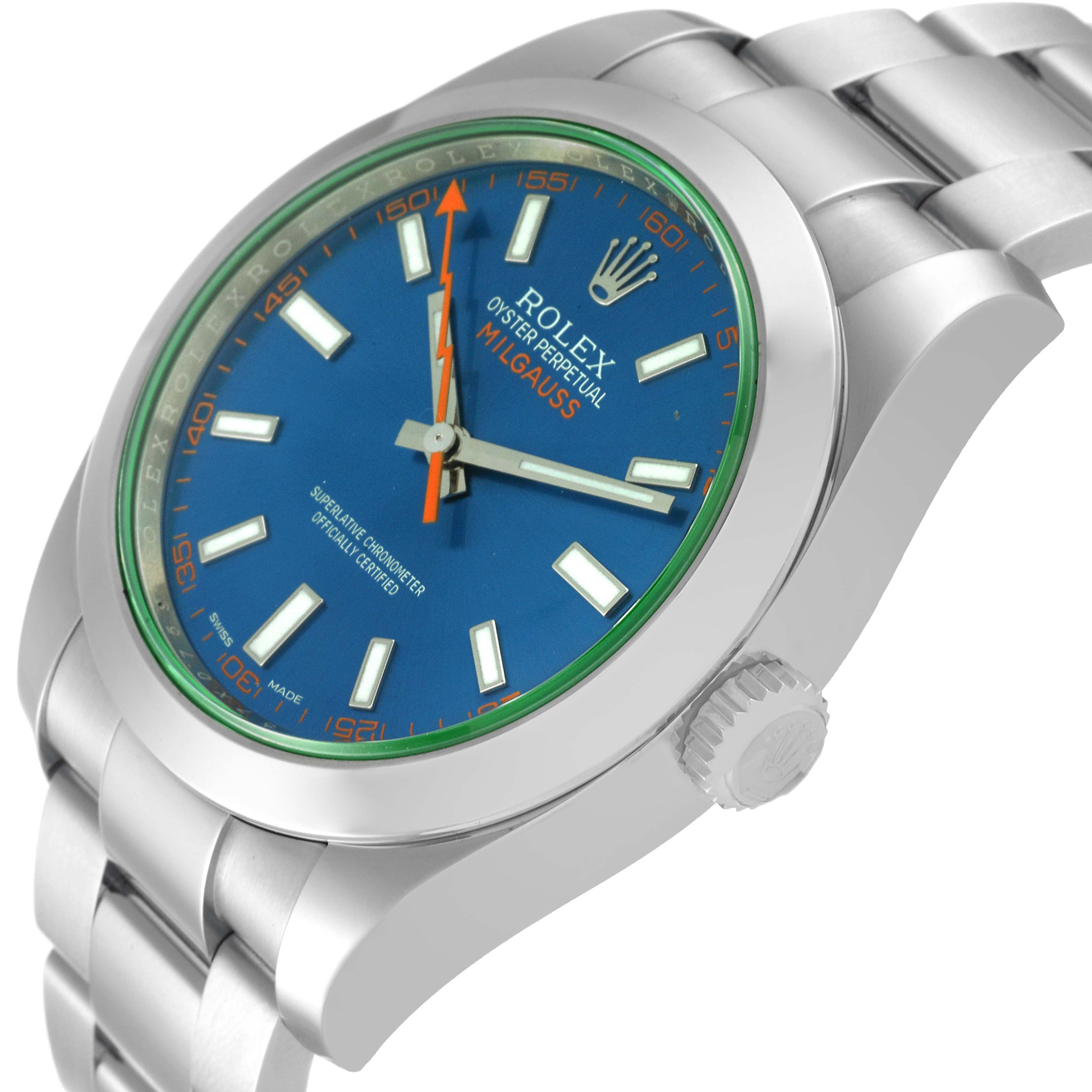 The image shows a side angle of a Rolex Milgauss 116400 Men
s Stainless Steel Blue Dial 116400 Men
s Stainless Steel Blue Dial watch highlighting the dial, crown, and part of the bracelet.