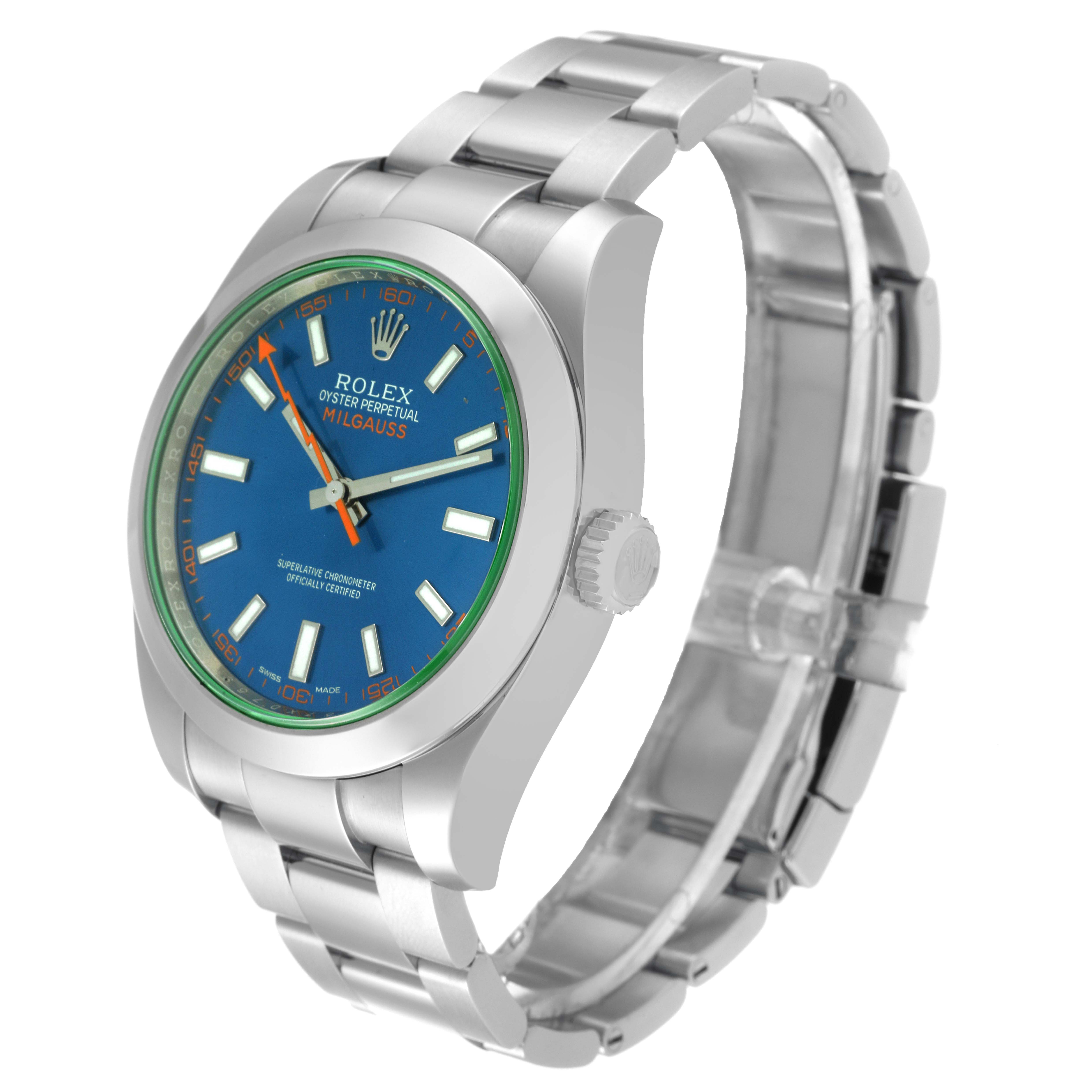 The image shows a Rolex Milgauss 116400 Men
s Stainless Steel Blue Dial 116400 Men
s Stainless Steel Blue Dial watch at a three-quarter angle, highlighting its blue dial, orange details, and stainless steel bracelet.