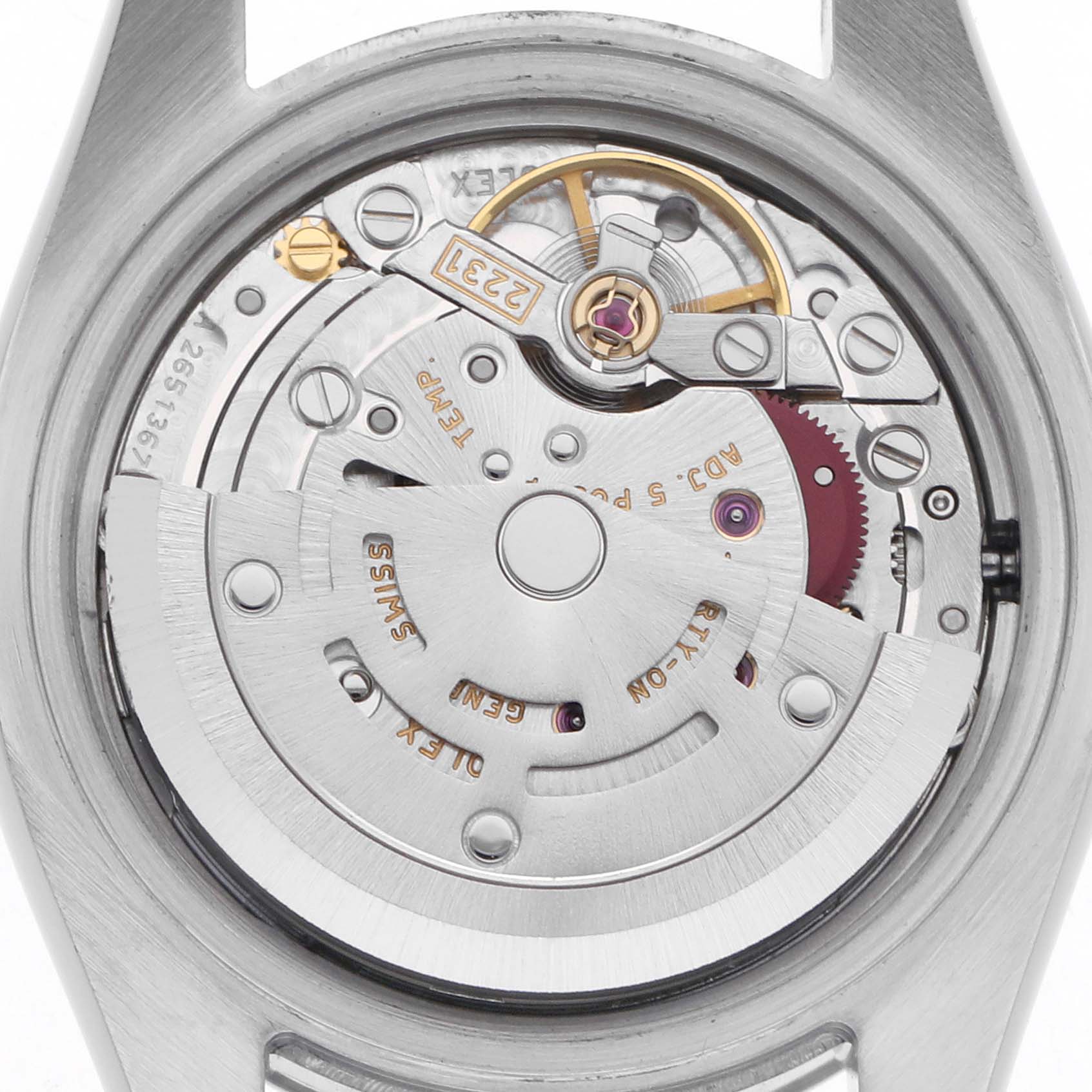 The image shows the movement mechanism of a Rolex Oyster Perpetual 176200 Women's Stainless Steel Silver Dial 176200 Women's Stainless Steel Silver Dial watch from the back, highlighting its intricate internal components.