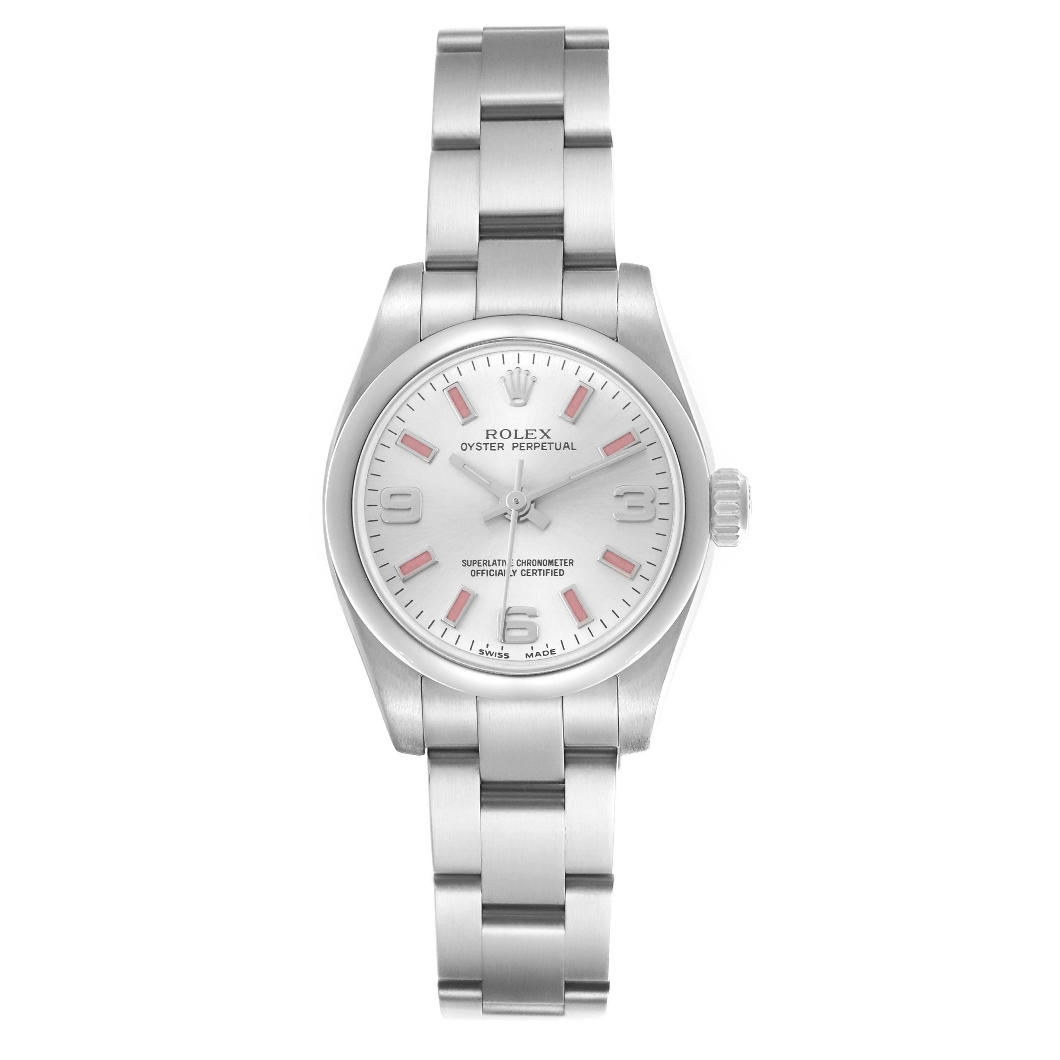 The Rolex Oyster Perpetual 176200 Women's Stainless Steel Silver Dial 176200 Women's Stainless Steel Silver Dial watch is shown from the front, displaying the dial, bezel, and metal bracelet.
