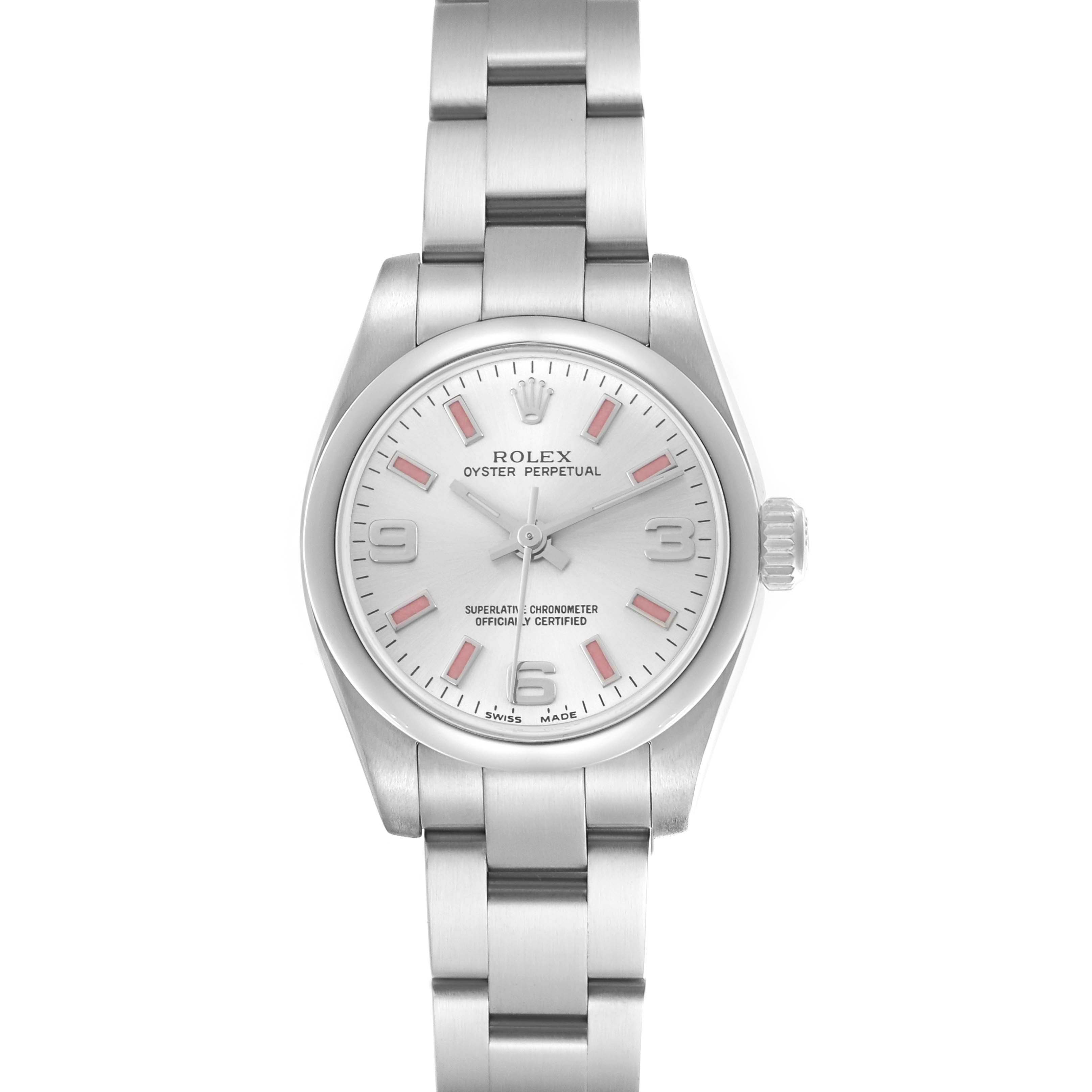 The Rolex Oyster Perpetual 176200 Women's Stainless Steel Silver Dial 176200 Women's Stainless Steel Silver Dial watch is shown from the front, displaying the dial, hands, markers, and part of the metal bracelet.
