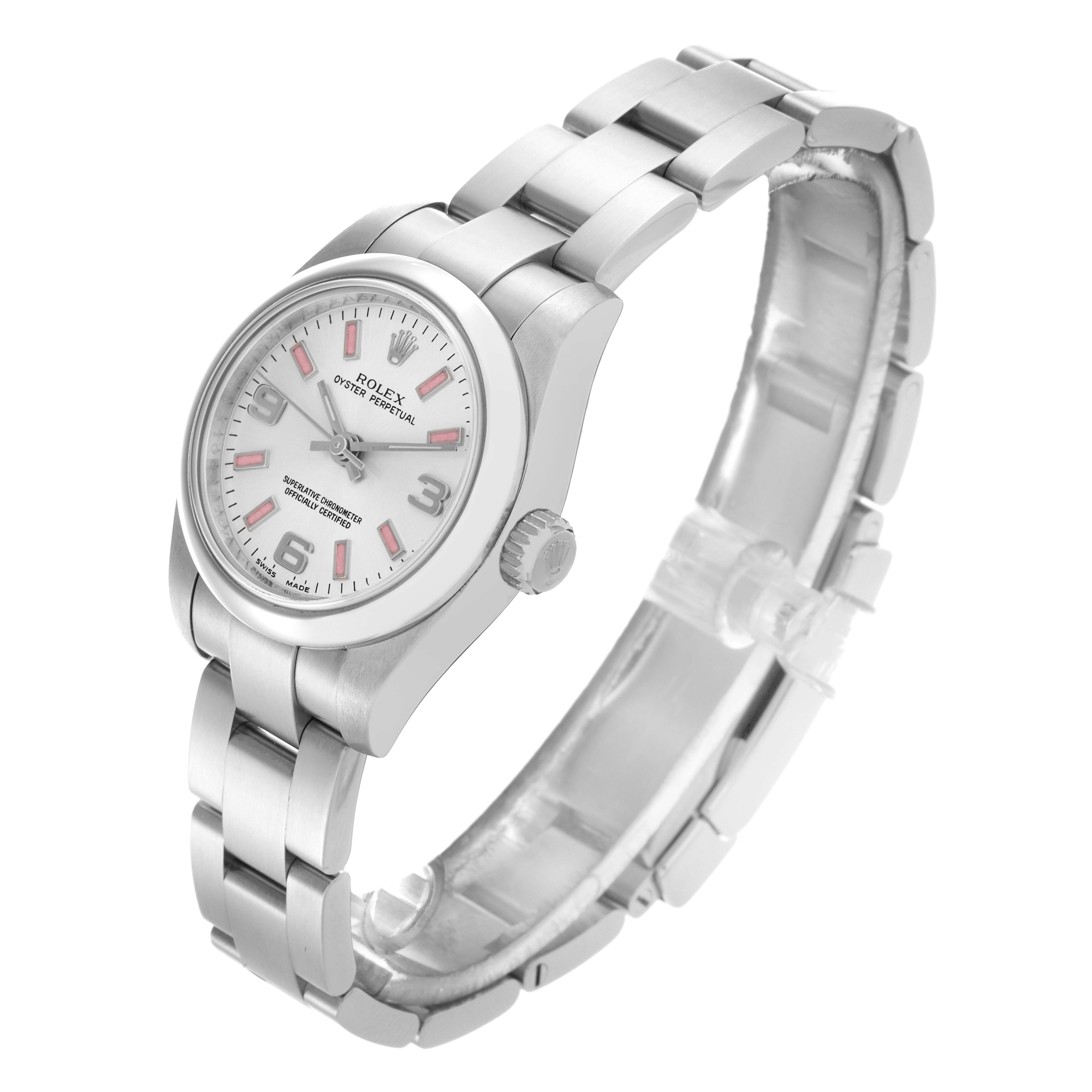 The Rolex Oyster Perpetual 176200 Women's Stainless Steel Silver Dial 176200 Women's Stainless Steel Silver Dial watch is shown at a three-quarter angle, displaying the face, bezel, and bracelet.