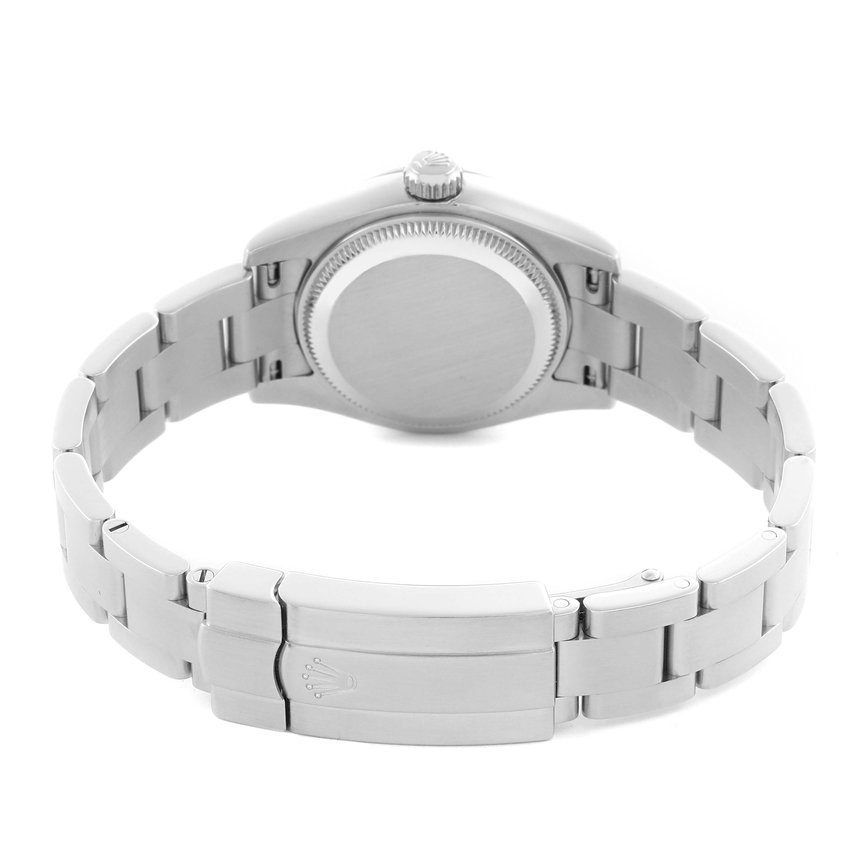 The image shows the back view of a Rolex Oyster Perpetual 176200 Women's Stainless Steel Silver Dial 176200 Women's Stainless Steel Silver Dial, highlighting the clasp and case back.