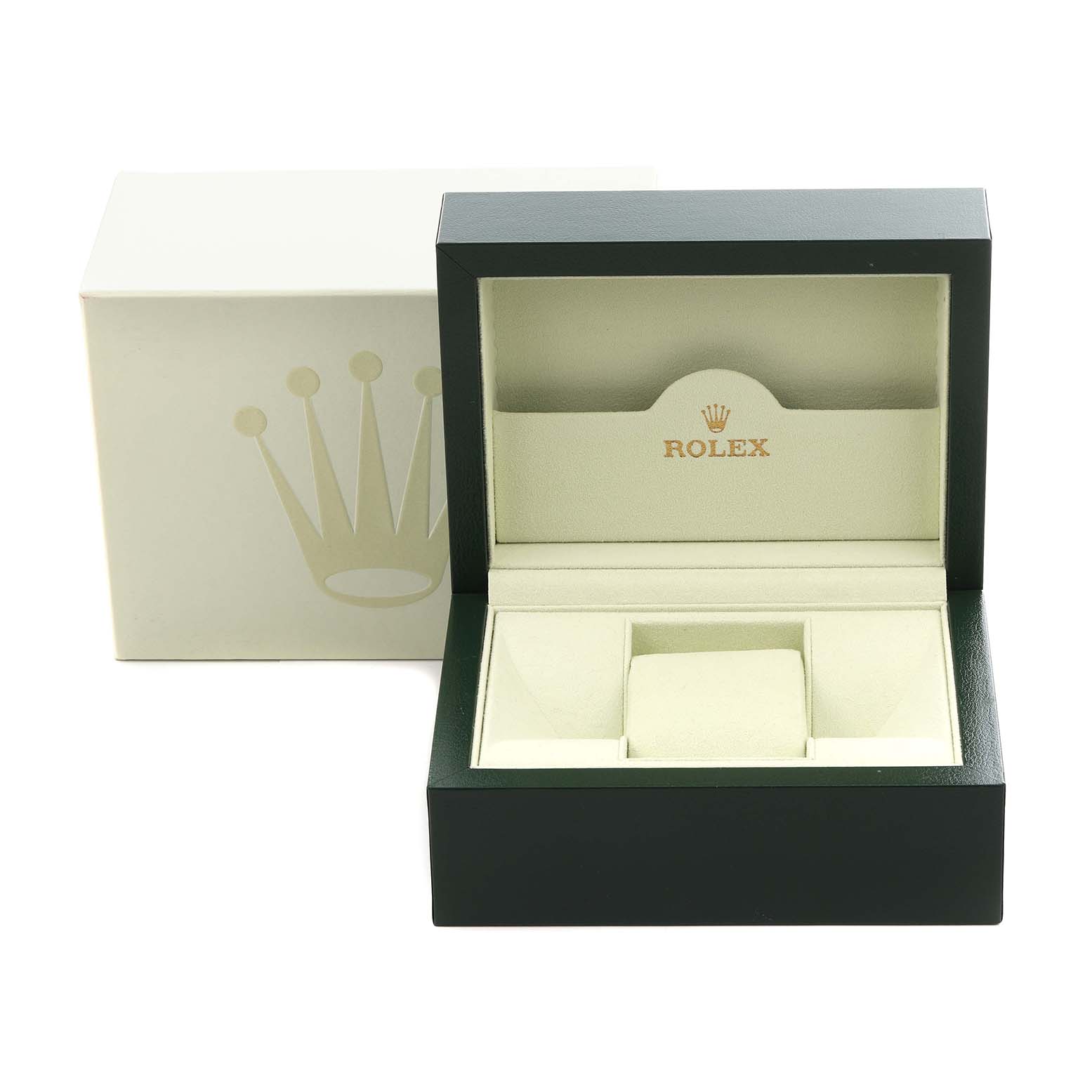 This image shows a Rolex Oyster Perpetual 176200 Women's Stainless Steel Silver Dial 176200 Women's Stainless Steel Silver Dial watch box with the lid open, displaying the interior lined with cream fabric.