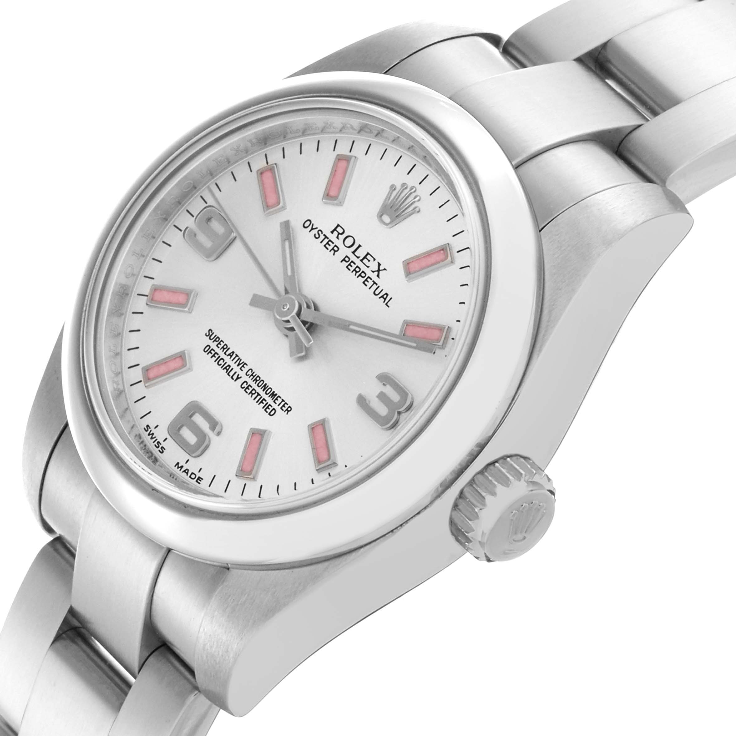 The Rolex Oyster Perpetual 176200 Women's Stainless Steel Silver Dial 176200 Women's Stainless Steel Silver Dial watch is shown at an angled side view, featuring the face, case, crown, and part of the bracelet.