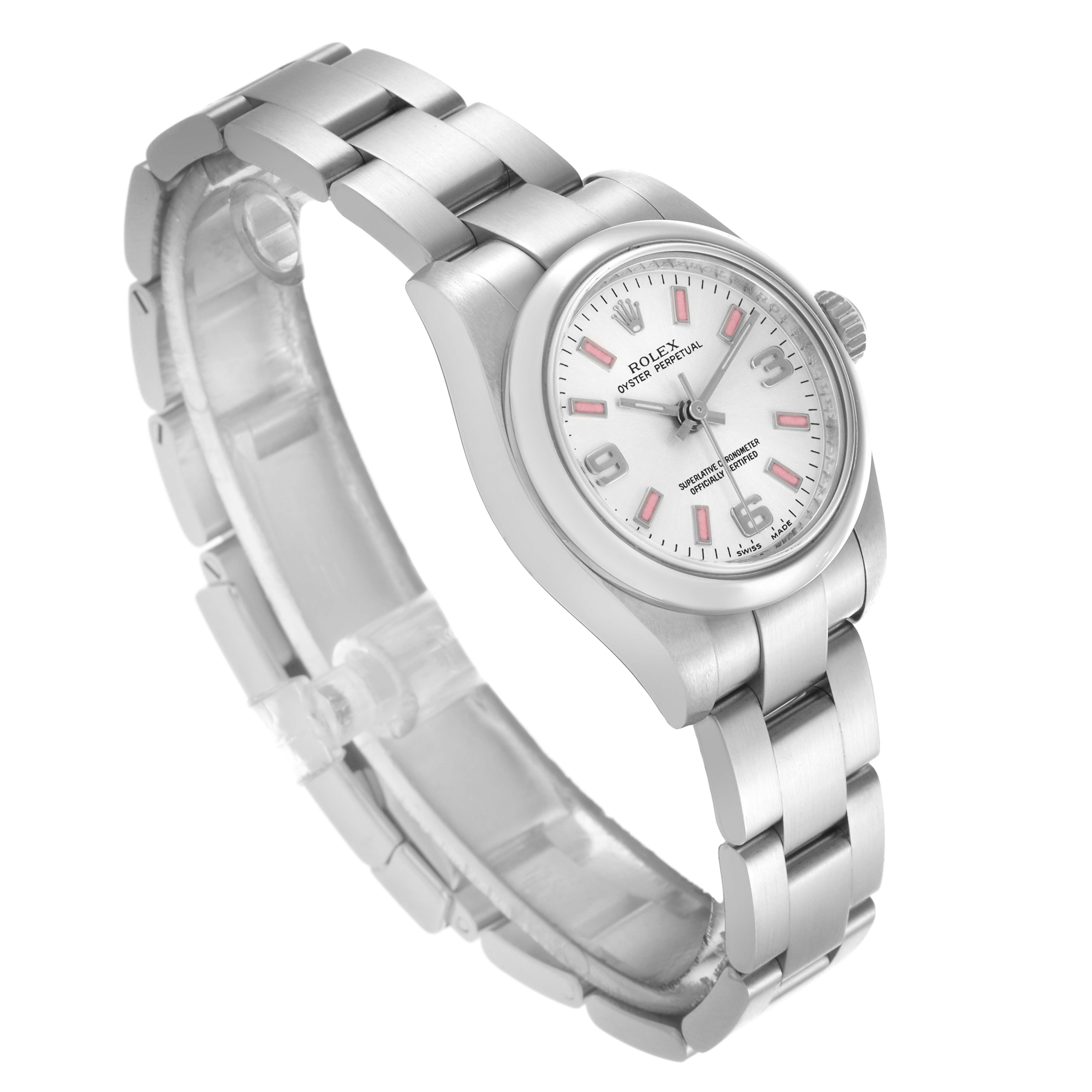 The Rolex Oyster Perpetual 176200 Women's Stainless Steel Silver Dial 176200 Women's Stainless Steel Silver Dial watch is shown at a three-quarter angle, highlighting the dial, bezel, and bracelet.