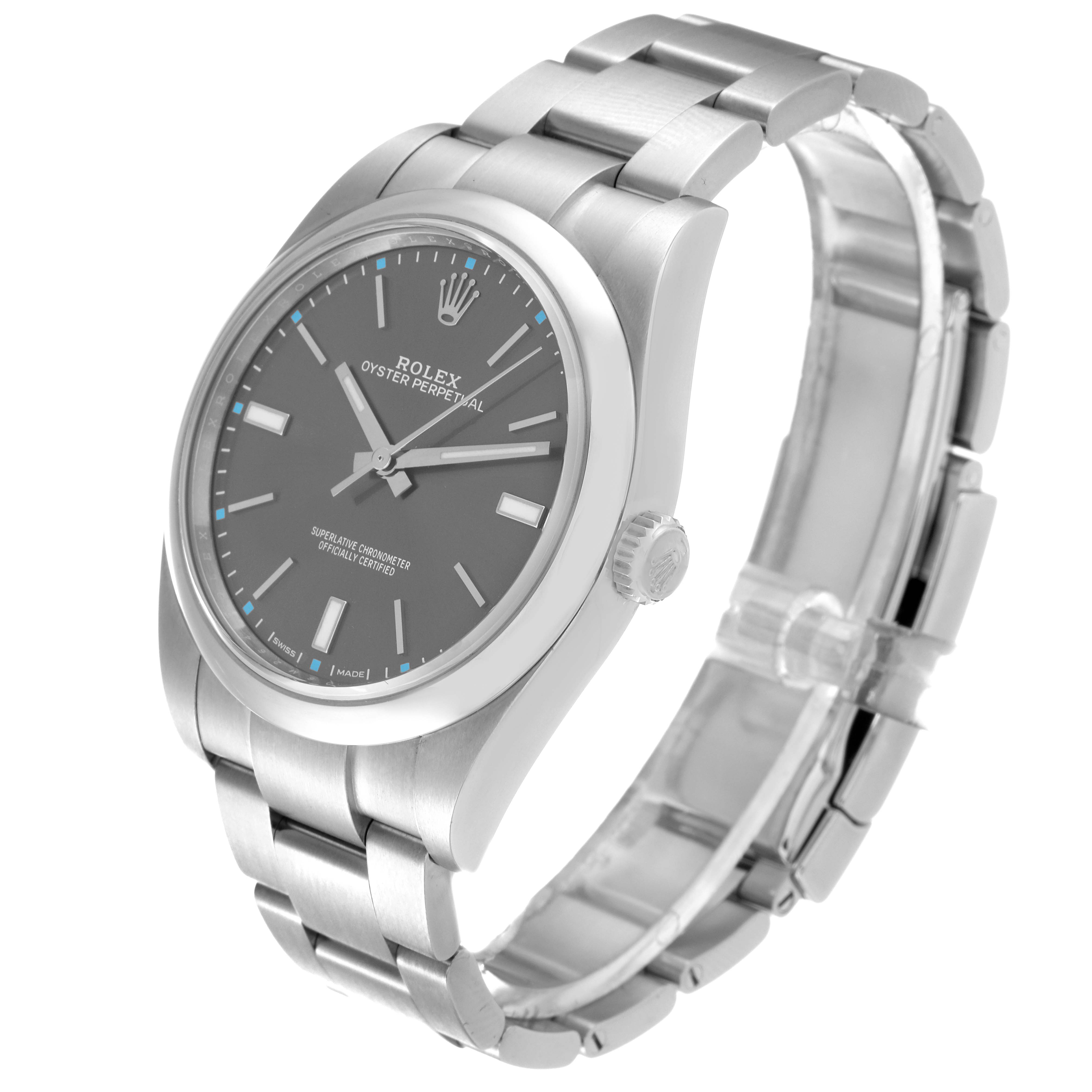 The Rolex Oyster Perpetual 114300 Men's Stainless Steel Grey Dial 114300 Men's Stainless Steel Grey Dial watch is shown at a slight left-side angle, displaying the dial, bezel, crown, and stainless steel bracelet.