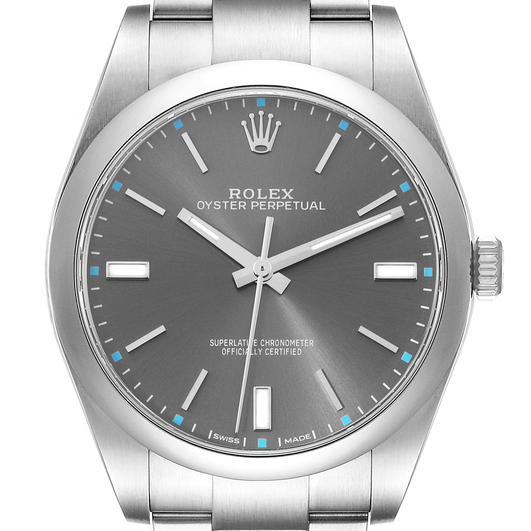 This image shows a front view of a Rolex Oyster Perpetual 114300 Men's Stainless Steel Grey Dial 114300 Men's Stainless Steel Grey Dial watch, showcasing its face, markers, hands, and a portion of the stainless steel bracelet.