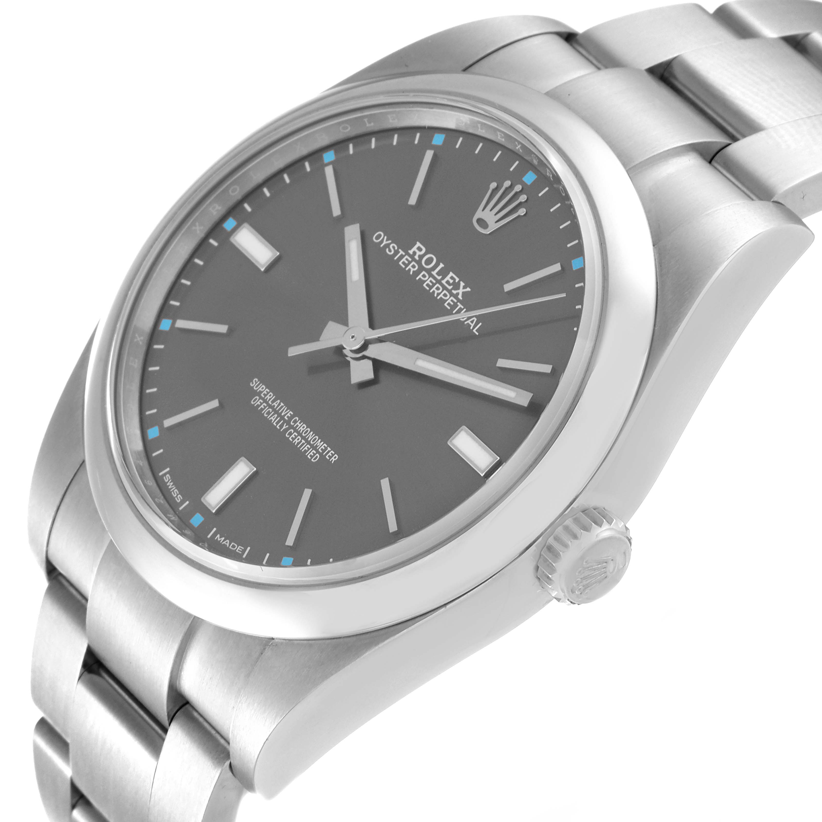 The image shows a Rolex Oyster Perpetual 114300 Men's Stainless Steel Grey Dial 114300 Men's Stainless Steel Grey Dial watch at a slightly angled top-down view highlighting the face, bezel, and bracelet.