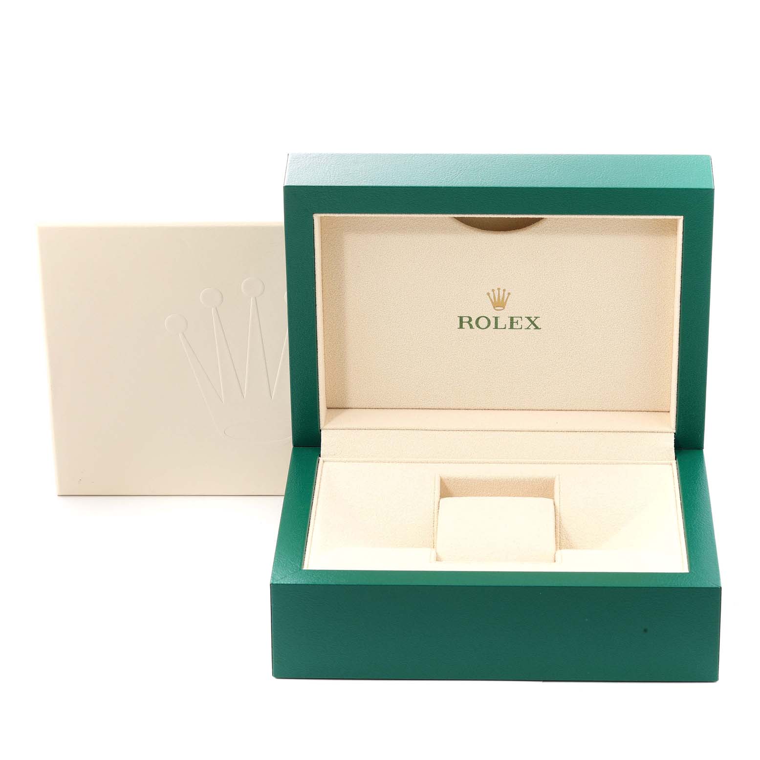 This image shows an open Rolex Oyster Perpetual 114300 Men's Stainless Steel Grey Dial 114300 Men's Stainless Steel Grey Dial watch box with its beige interior and green exterior.