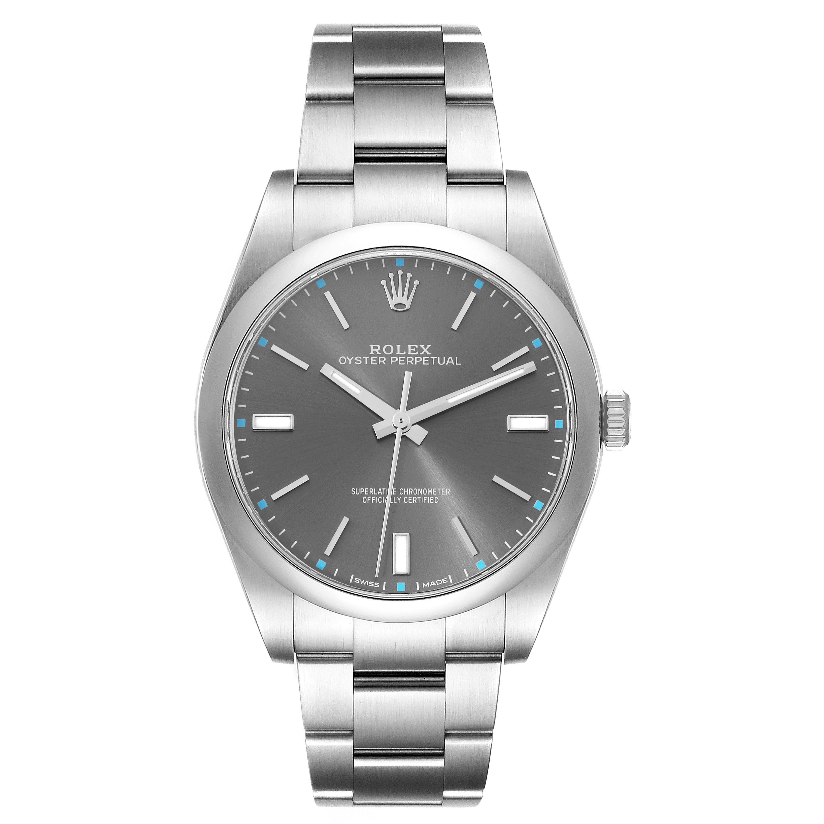 The image shows a front view of a Rolex Oyster Perpetual 114300 Men's Stainless Steel Grey Dial 114300 Men's Stainless Steel Grey Dial watch, displaying the face, bezel, and bracelet.