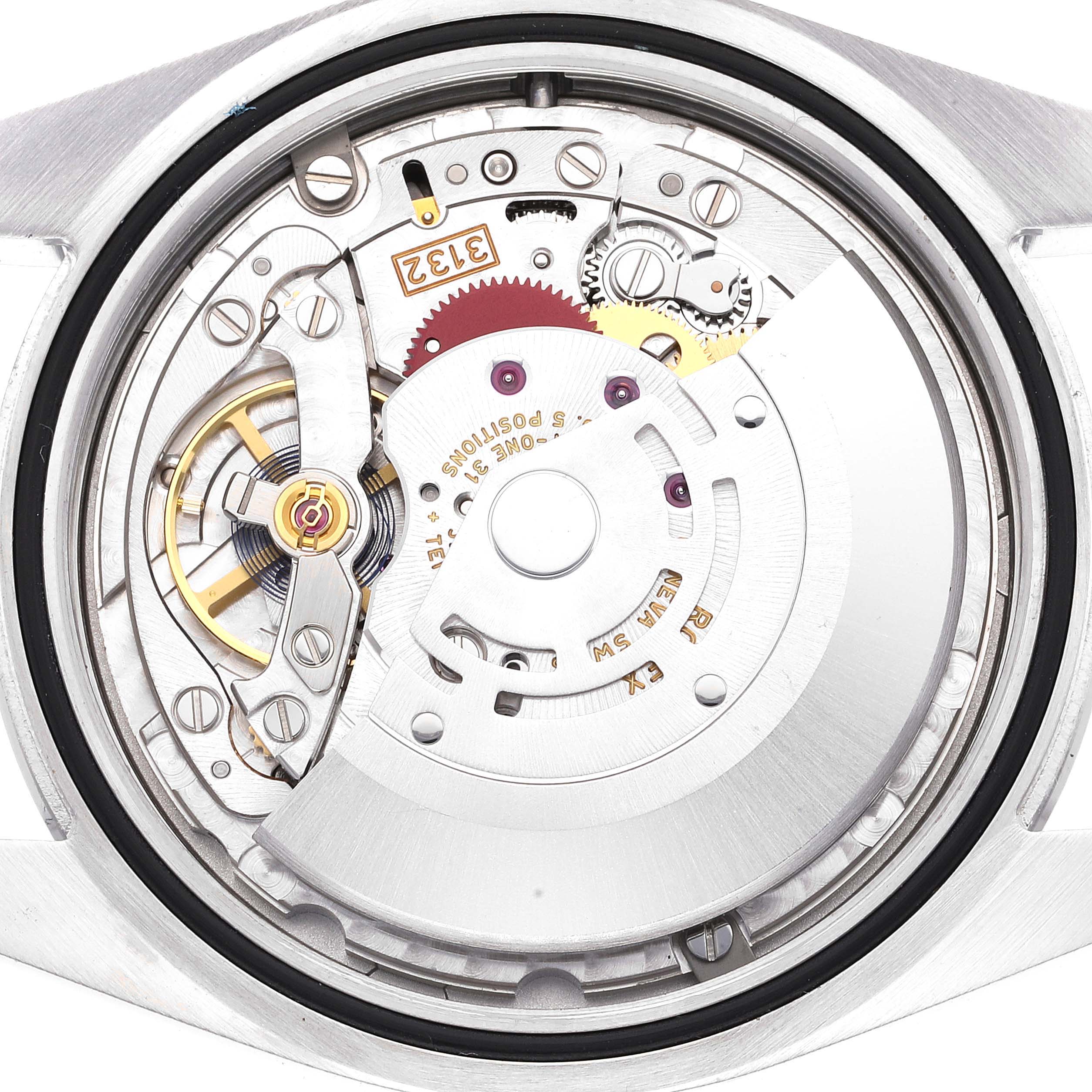 This image shows the movement mechanism of a Rolex Oyster Perpetual 114300 Men's Stainless Steel Grey Dial 114300 Men's Stainless Steel Grey Dial watch from a back view angle.