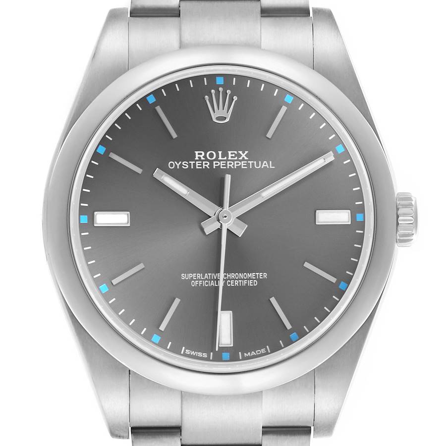 The Rolex Oyster Perpetual is shown from a front angle, highlighting the dial, hour markers, and crown.