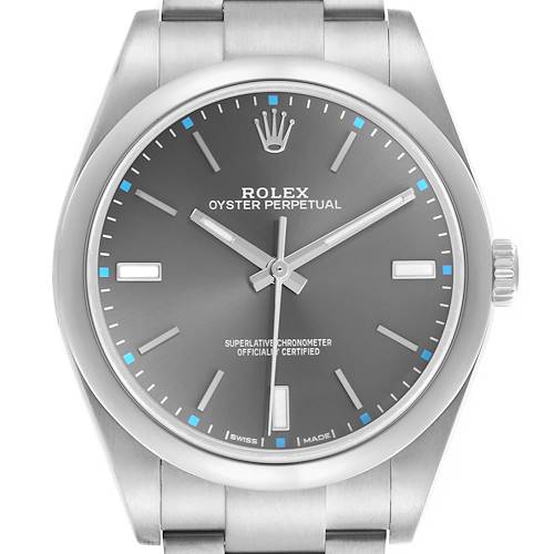 The Rolex Oyster Perpetual watch is shown from the front, displaying its dial, bezel, crown, and part of the bracelet.
