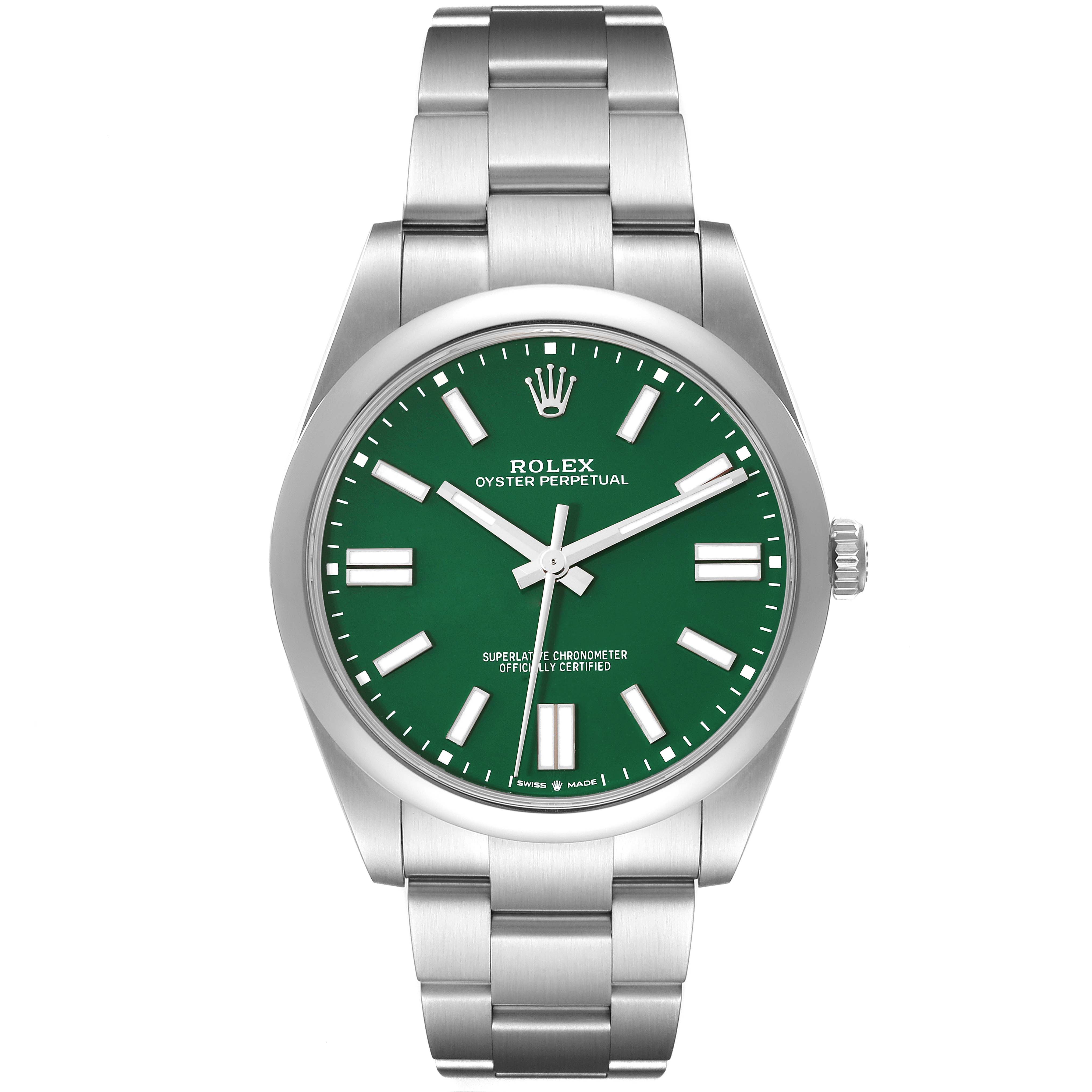 The image shows a front view of a Rolex Oyster Perpetual 124300 Men
s Stainless Steel Green Dial 124300 Men
s Stainless Steel Green Dial watch with a green dial and silver bracelet.