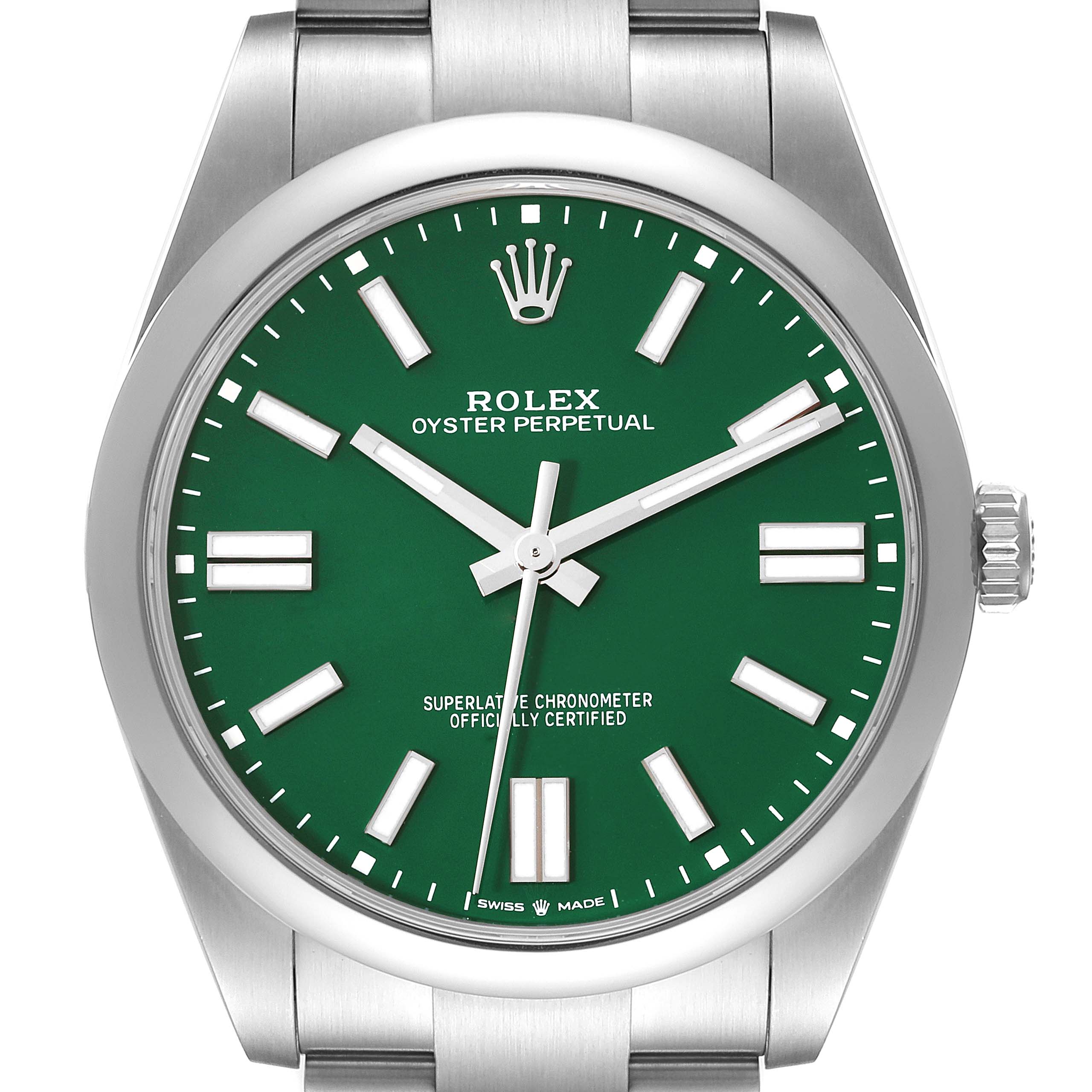 The Rolex Oyster Perpetual 124300 Men
s Stainless Steel Green Dial 124300 Men
s Stainless Steel Green Dial watch is shown from a front angle, displaying the green dial, hour markers, hands, crown, and part of the bracelet.