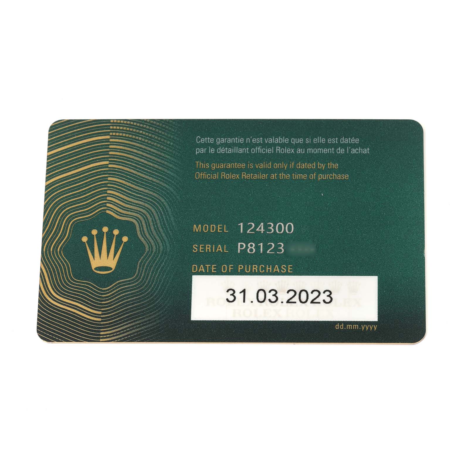 This image shows a warranty card for the Rolex Oyster Perpetual 124300 Men
s Stainless Steel Green Dial 124300 Men
s Stainless Steel Green Dial model 124300, including its serial number and date of purchase.