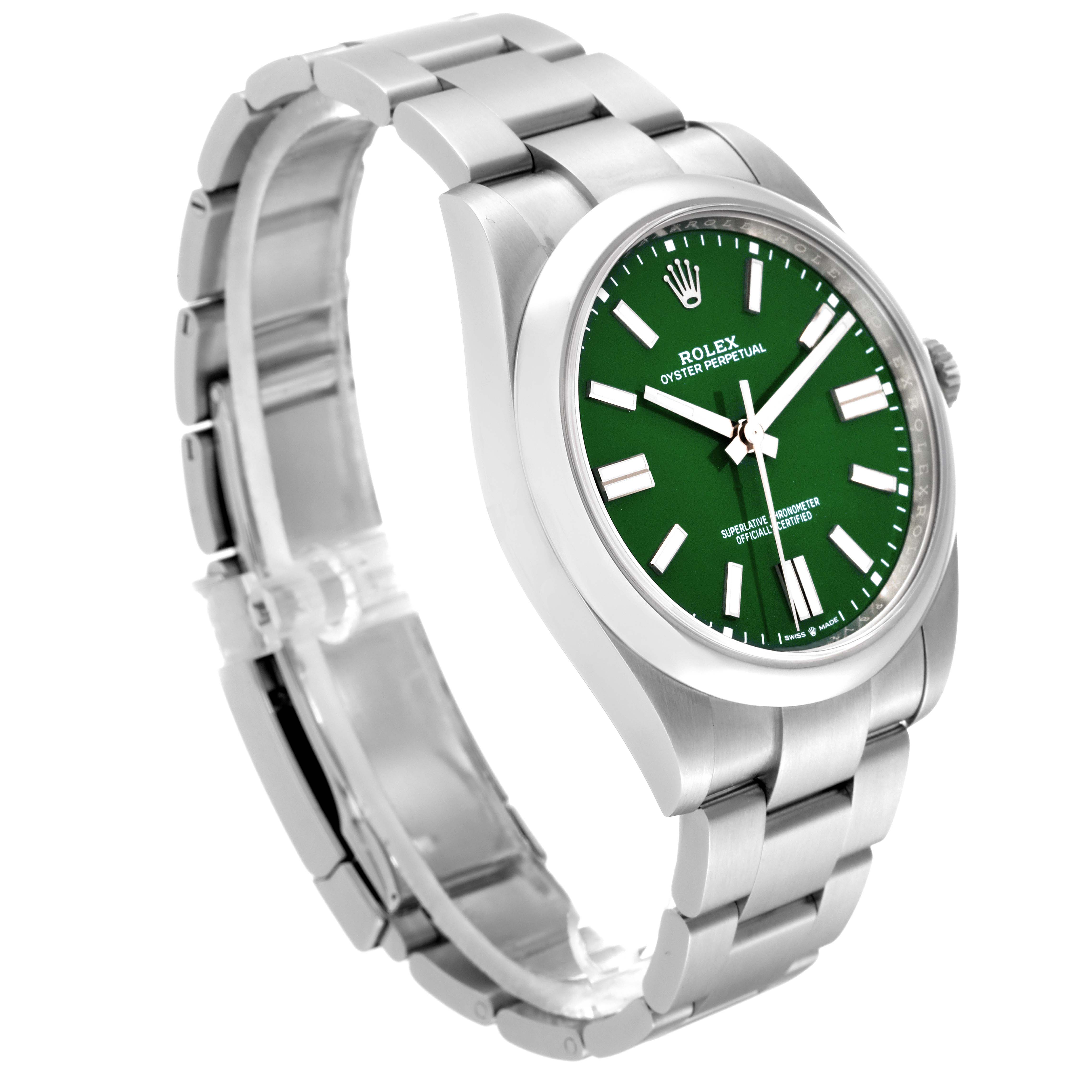 The Rolex Oyster Perpetual 124300 Men
s Stainless Steel Green Dial 124300 Men
s Stainless Steel Green Dial watch is shown at a slight angle, displaying its green dial, stainless steel case, and bracelet.