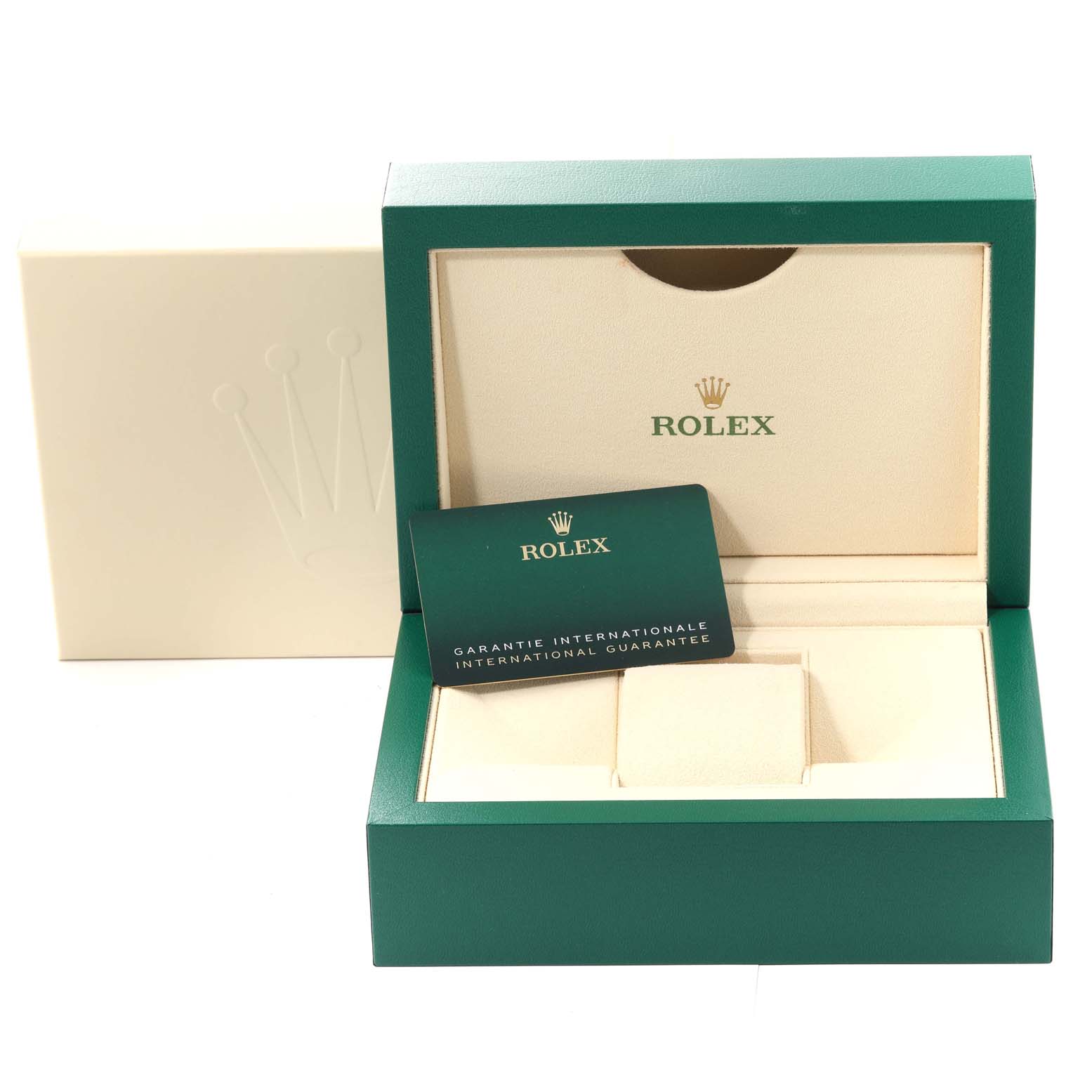 The image shows the packaging, inner box, and international guarantee card for a Rolex Oyster Perpetual 124300 Men
s Stainless Steel Green Dial 124300 Men
s Stainless Steel Green Dial watch.