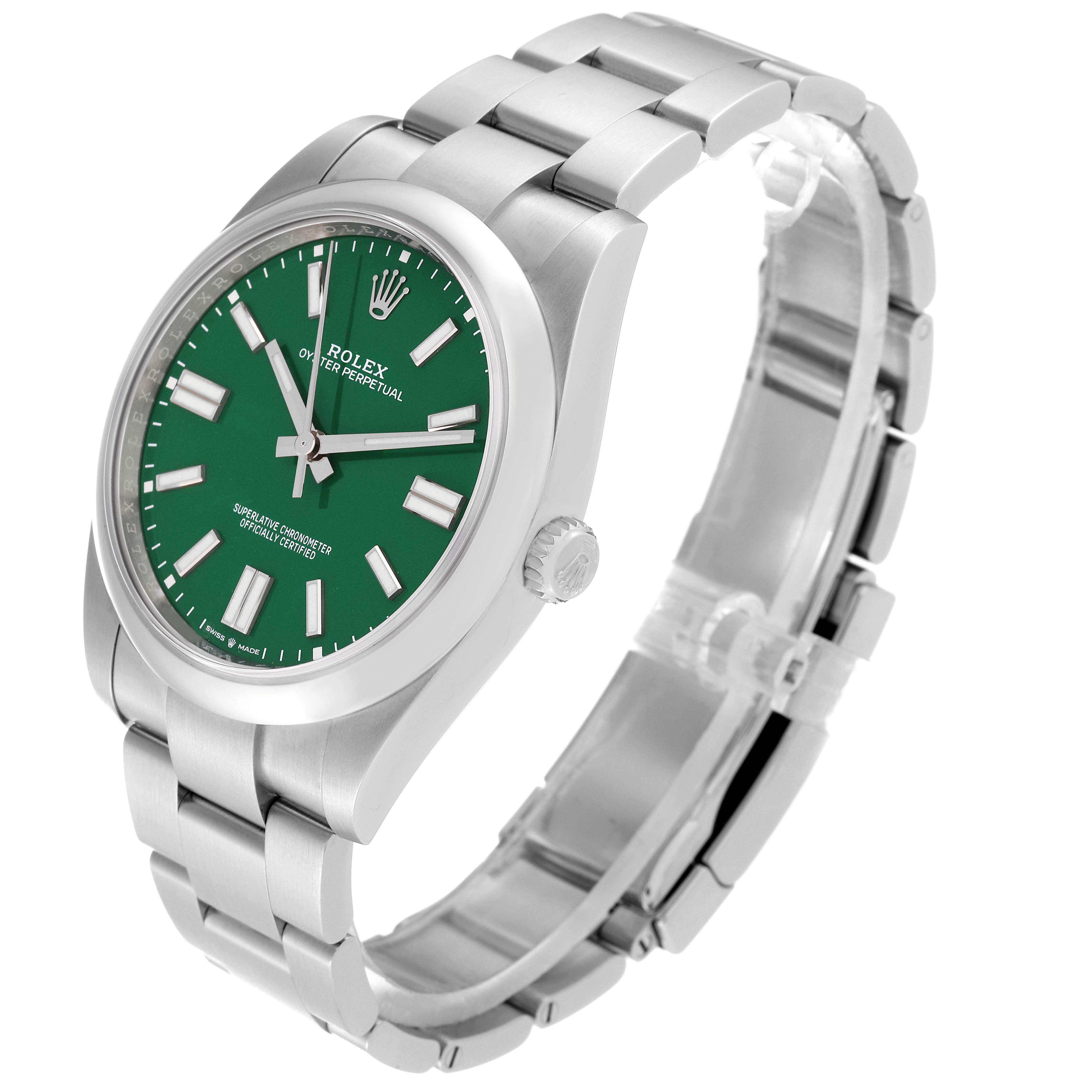 The Rolex Oyster Perpetual 124300 Men
s Stainless Steel Green Dial 124300 Men
s Stainless Steel Green Dial watch is shown at a three-quarter angle, displaying the front, side, and bracelet.