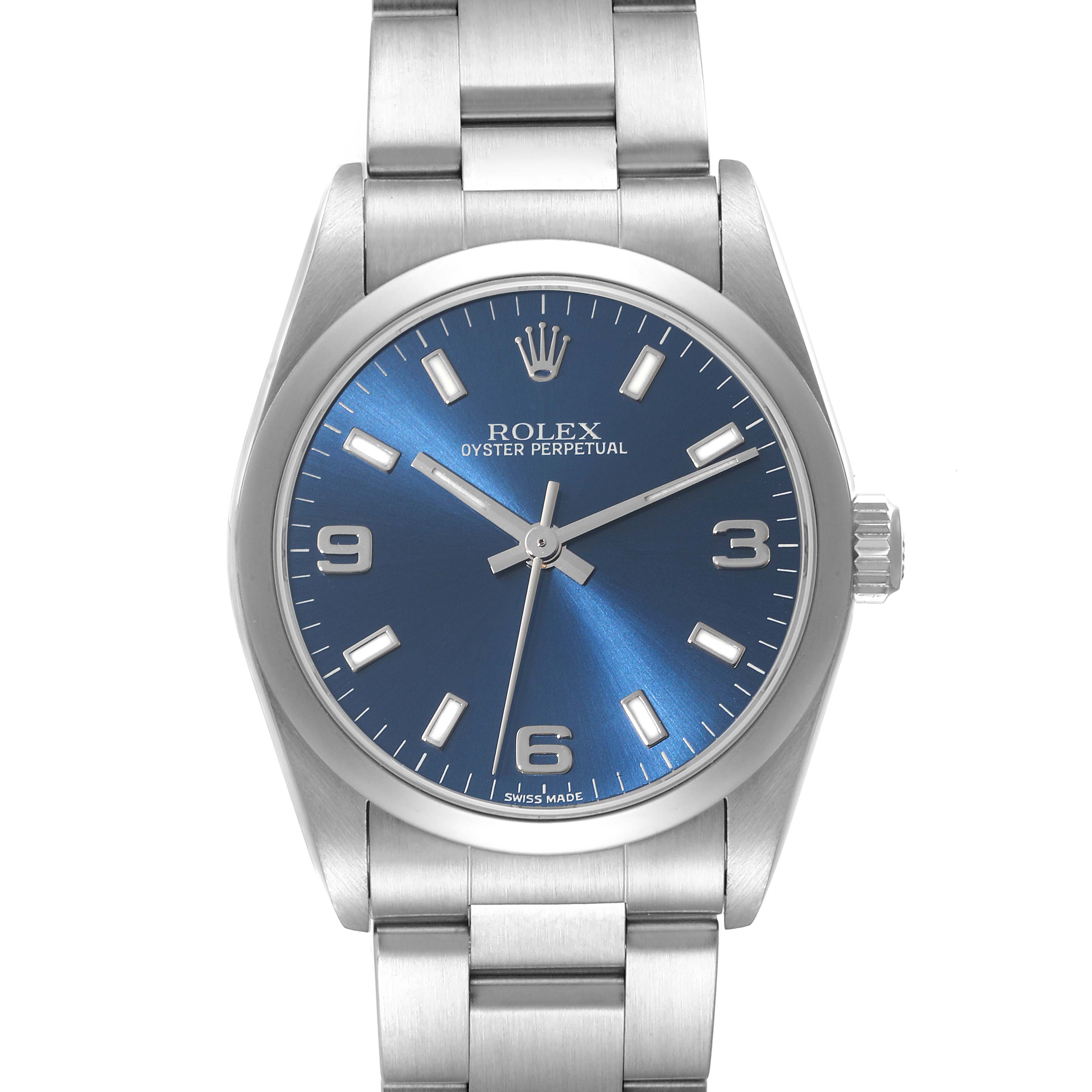 The image shows a front view of a Rolex Mid-Size 77080 Women
s Stainless Steel Blue Dial 77080 Women
s Stainless Steel Blue Dial Oyster Perpetual watch with a blue dial and stainless steel bracelet.