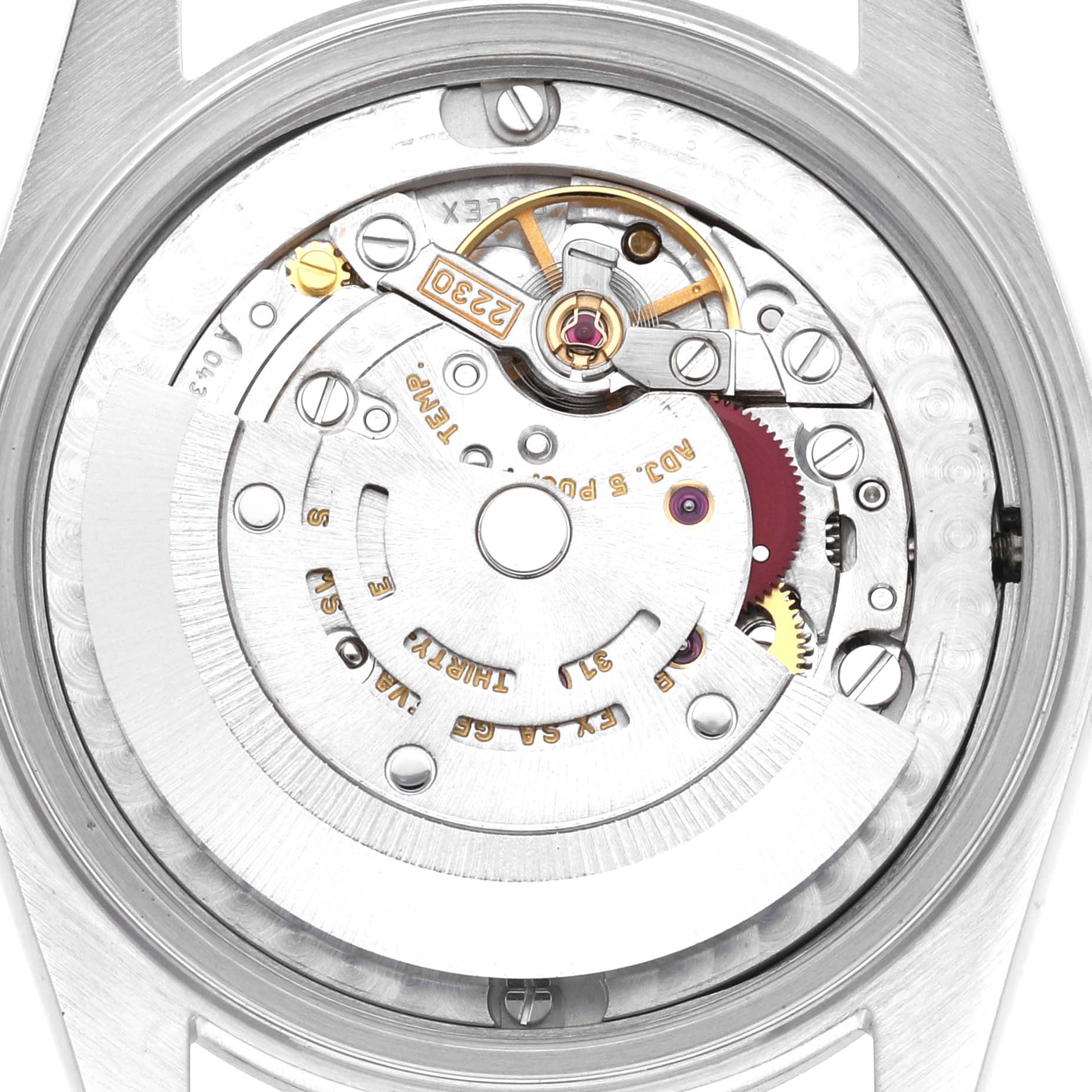 This image shows the internal mechanism of the Rolex Oyster Perpetual watch, viewed from the back.