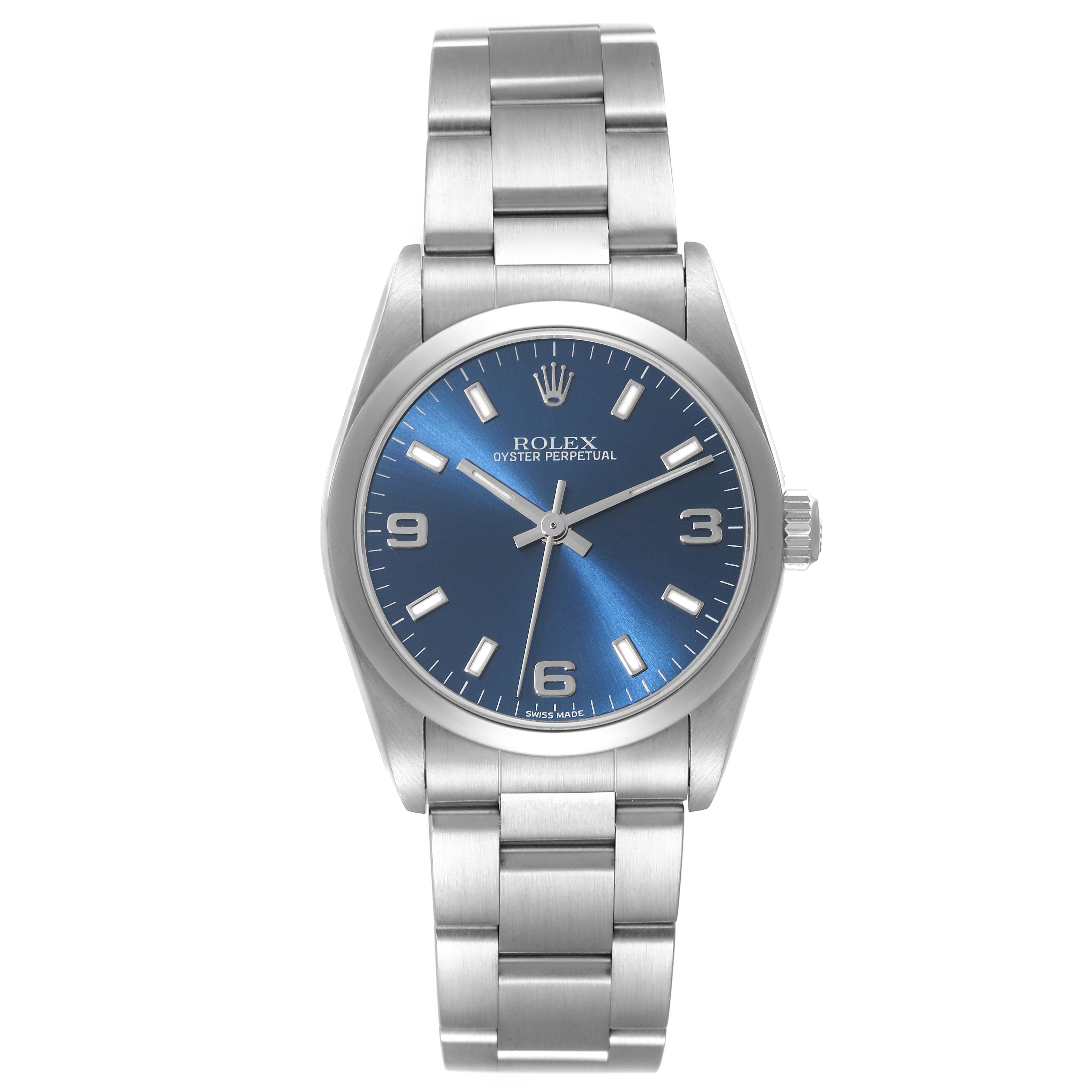 The image shows a front view of the Rolex Oyster Perpetual watch, highlighting its blue dial and silver bracelet.