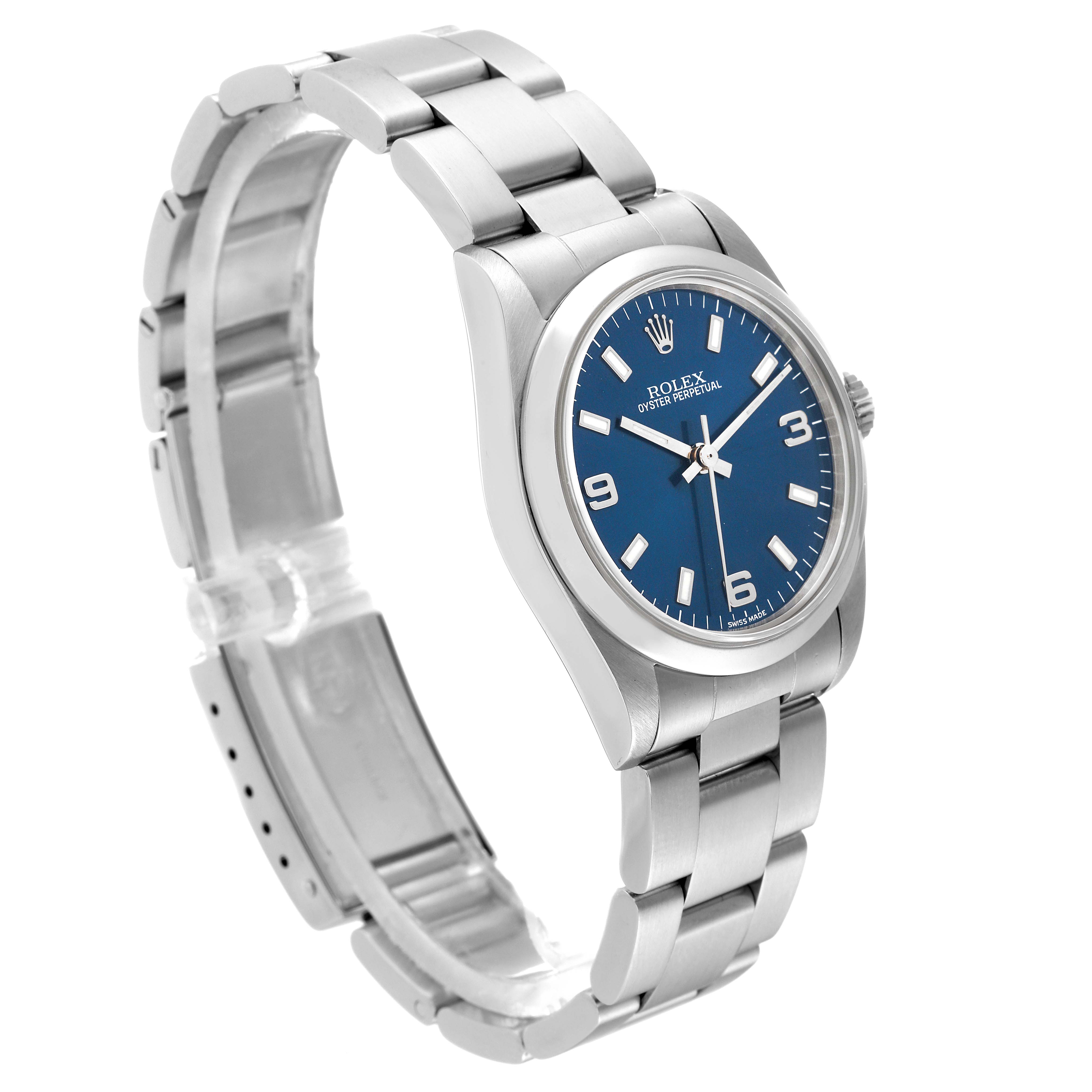 This image shows a Rolex Oyster Perpetual watch at an angled side view, displaying the bracelet, bezel, dial, and crown.