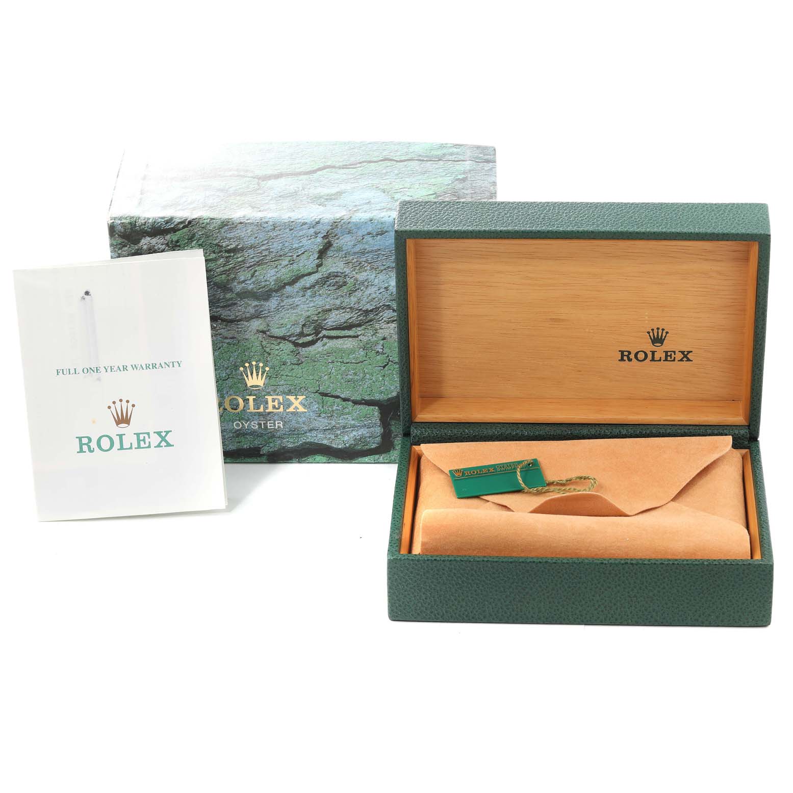 This image shows the packaging, a warranty booklet, and an open, empty case for a Rolex Mid-Size 77080 Women
s Stainless Steel Blue Dial 77080 Women
s Stainless Steel Blue Dial model watch.