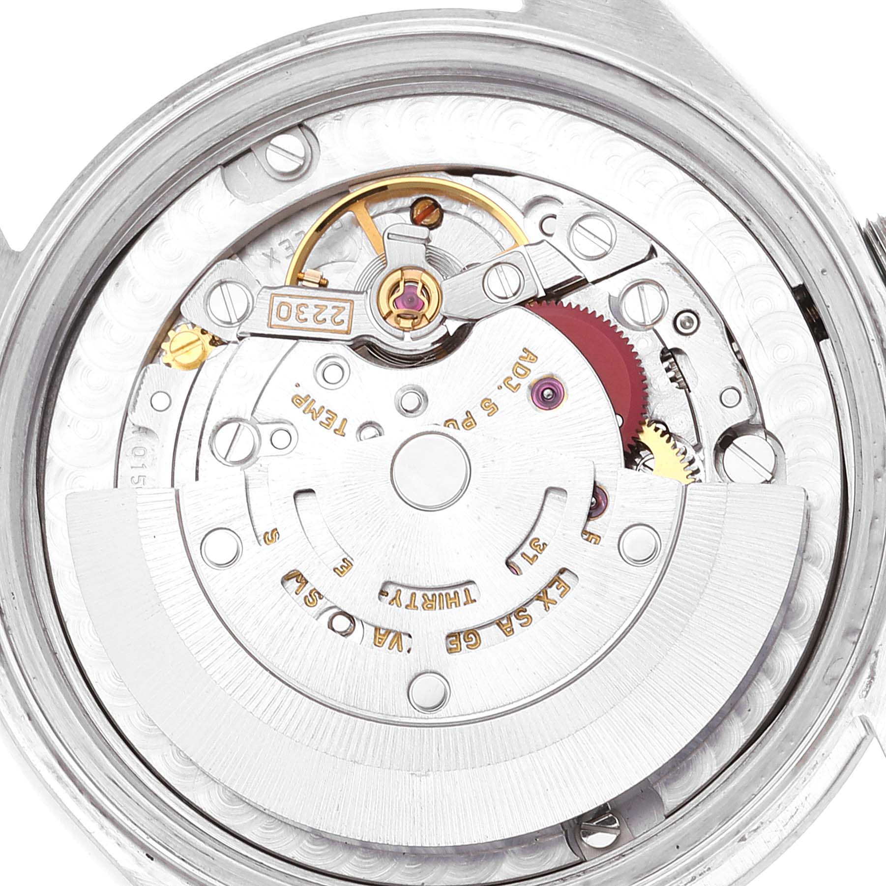 The image shows the internal mechanism of a Rolex Mid-Size 77080 Women
s Stainless Steel Blue Dial 77080 Women
s Stainless Steel Blue Dial model watch from a top-down angle, highlighting its movement parts.