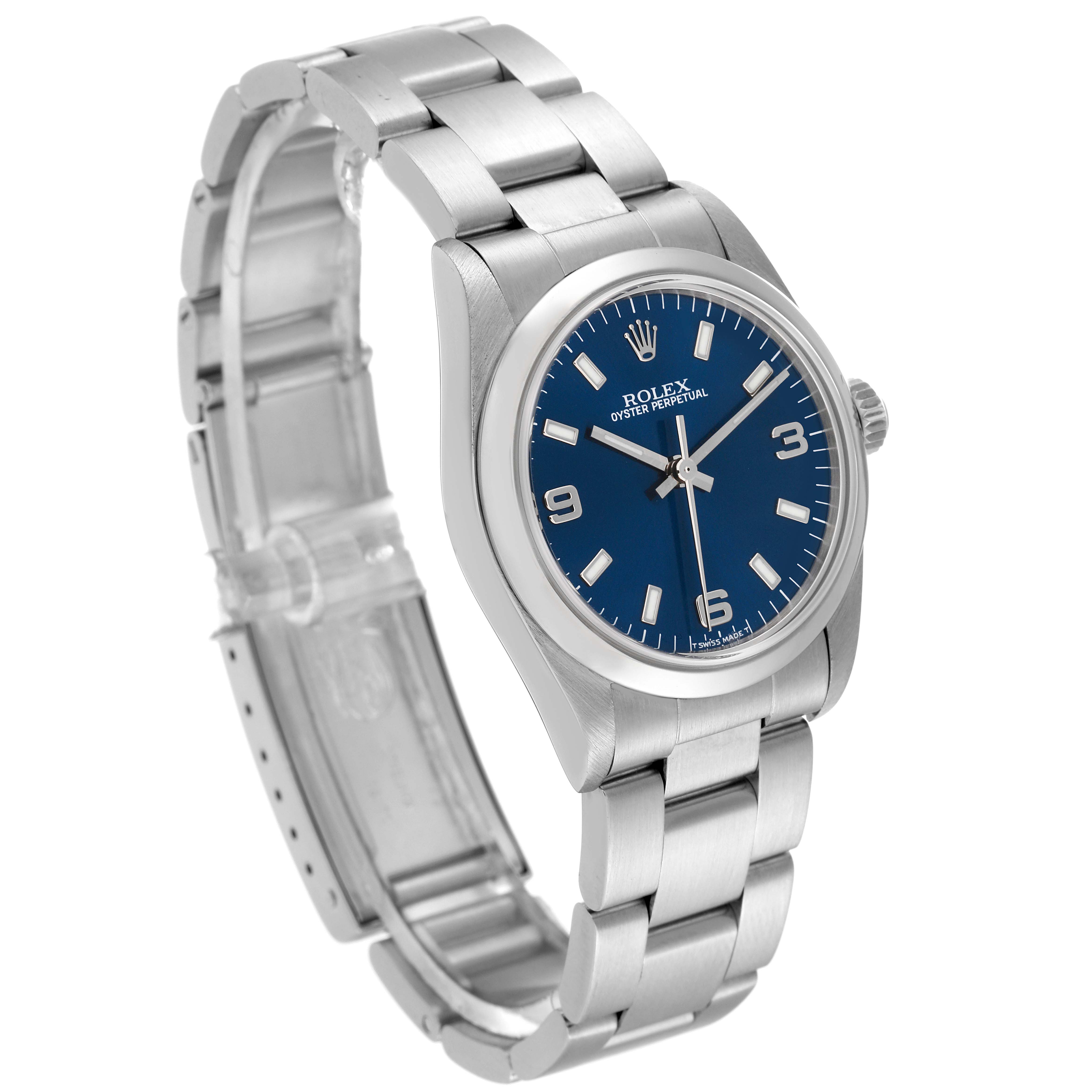 This image features a Rolex Mid-Size 77080 Women
s Stainless Steel Blue Dial 77080 Women
s Stainless Steel Blue Dial Oyster Perpetual watch, shown at an angle displaying its blue dial, bezel, crown, and bracelet.