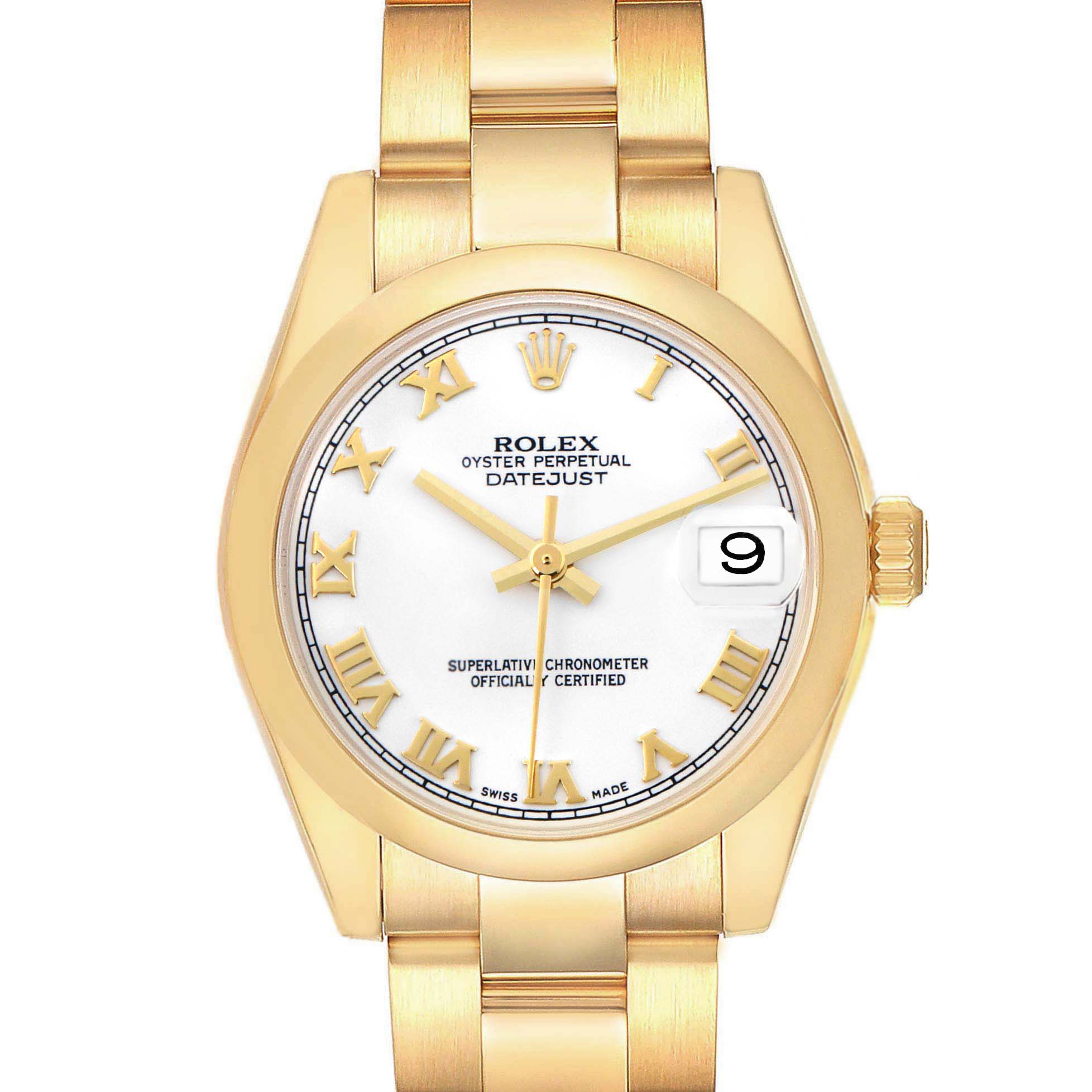 The Rolex Datejust Mid-Size watch is shown from a top-down angle, highlighting the gold case, dial, bracelet, and date feature.