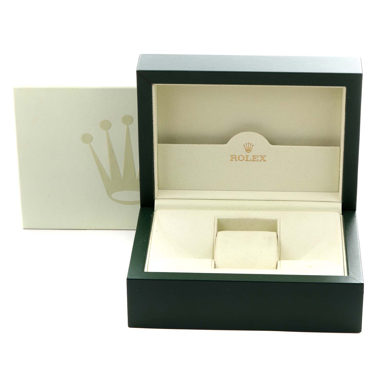 The image shows the open presentation box for a Rolex Mid-Size model, displaying the interior cushion and logo.