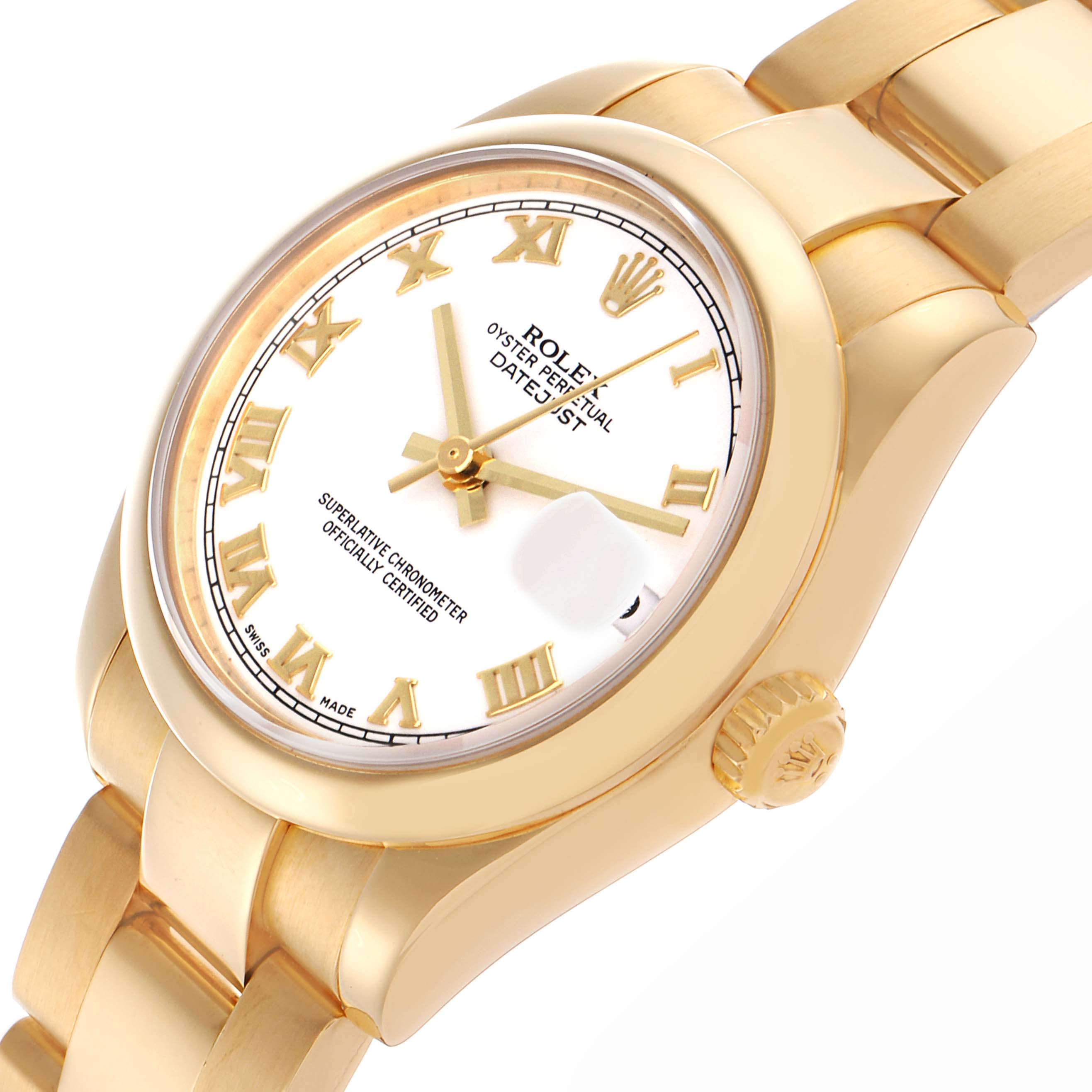 The Rolex Mid-Size watch is shown at an angled view highlighting the face, bezel, crown, and bracelet.
