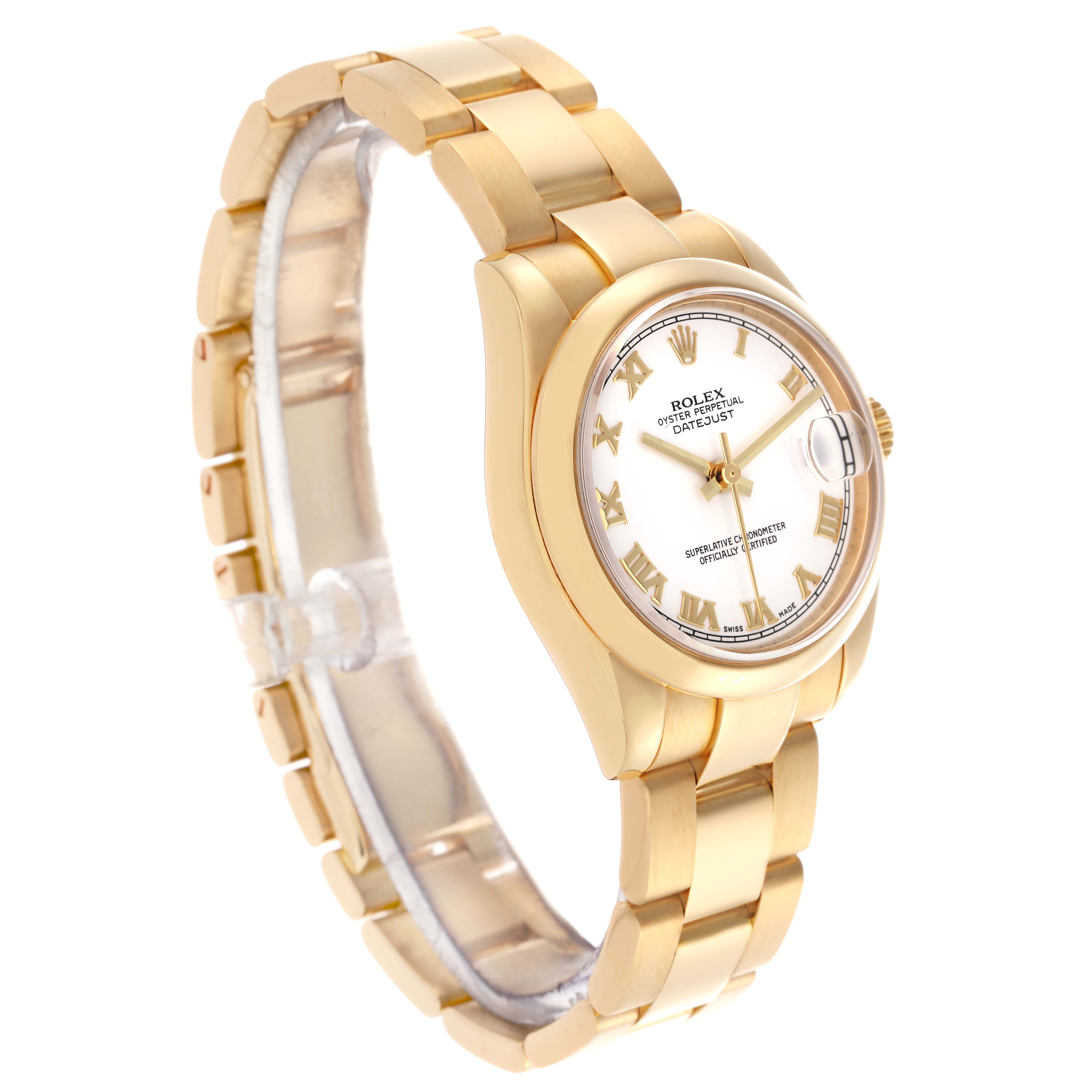 The Rolex Mid-Size watch is shown at a slight angle, displaying the gold bracelet, case, and dial clearly.