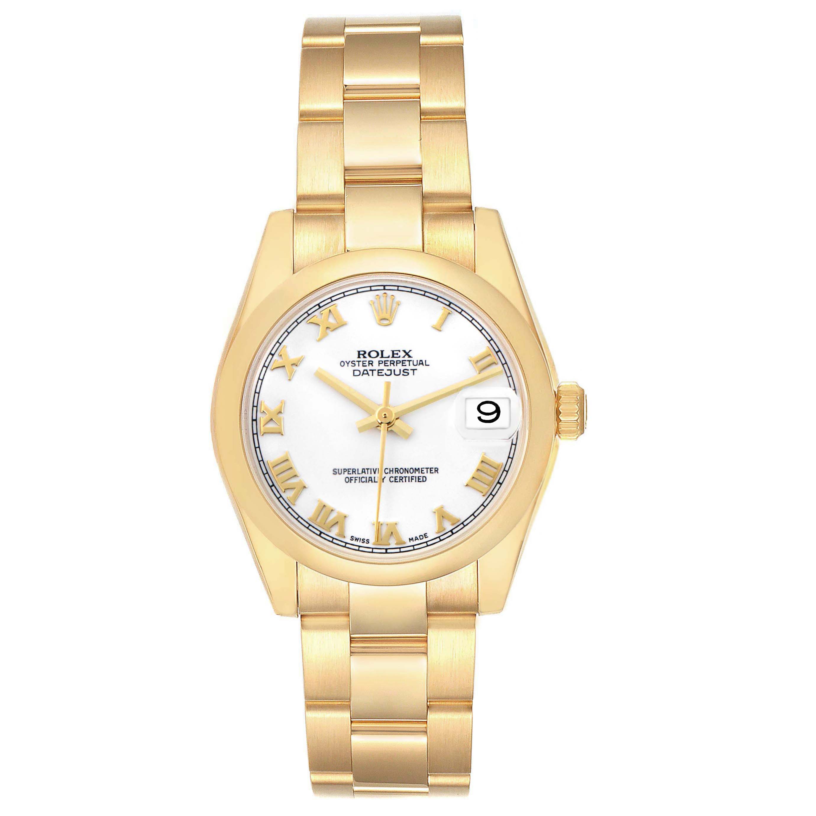 The Rolex Mid-Size watch is shown from the front, displaying the dial, bracelet, and date feature.