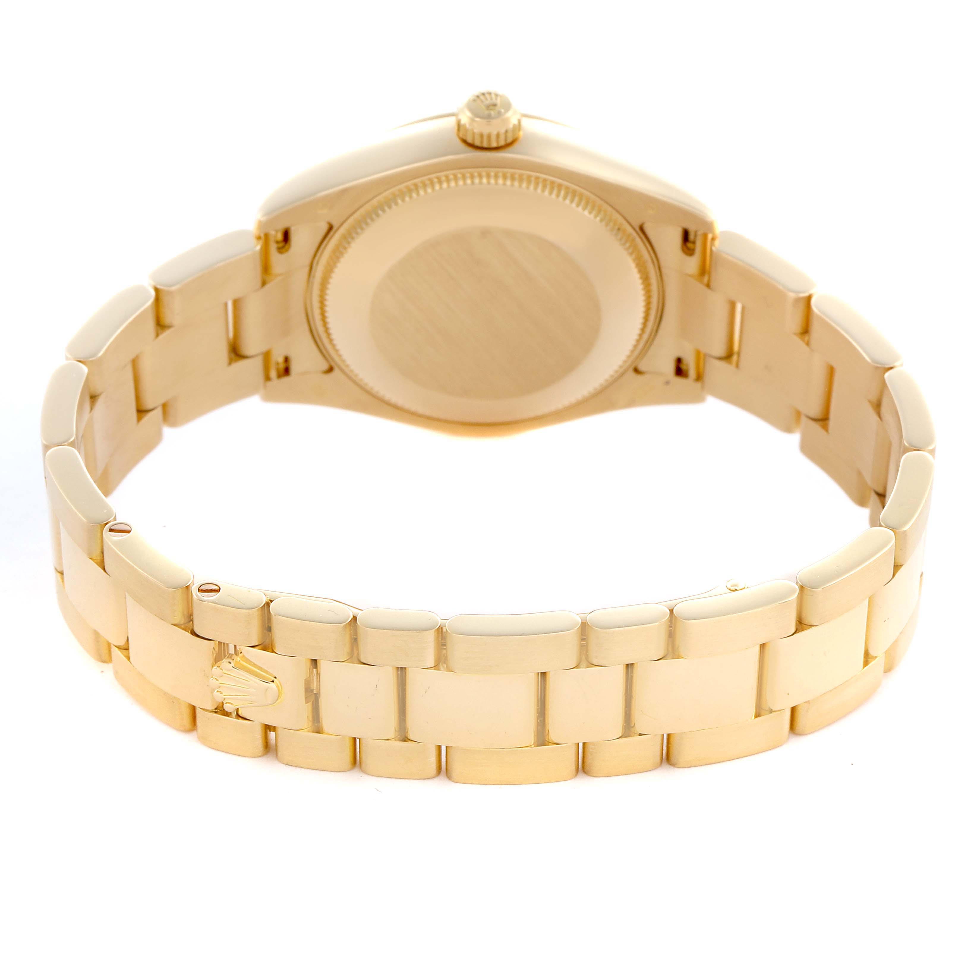 The image shows the back view of a Rolex Mid-Size watch, featuring the bracelet and clasp.