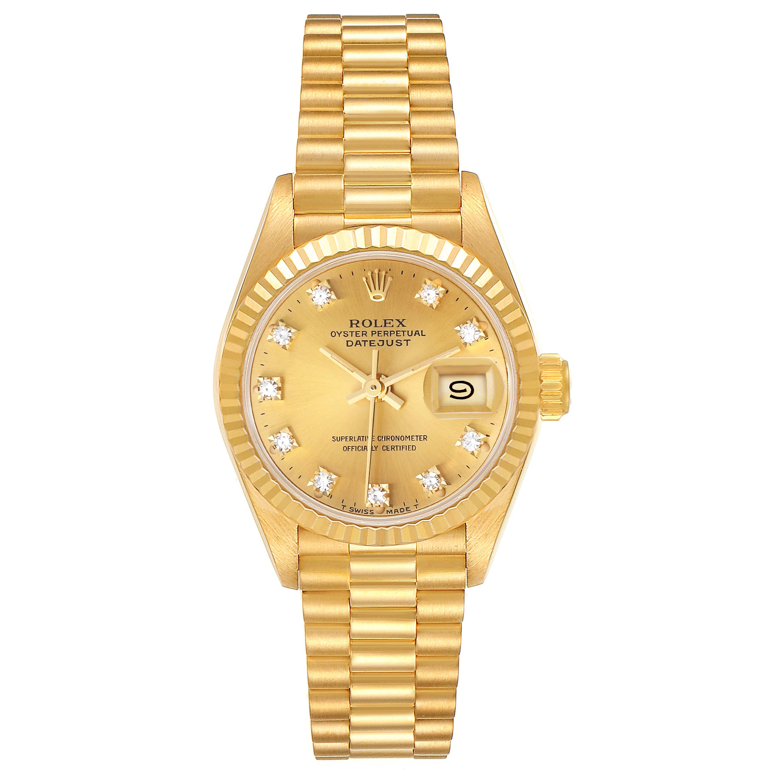 This Rolex President 69178 Women
s Yellow Gold Champagne Dial 69178 Women
s Yellow Gold Champagne Dial model is photographed from the front, showing the dial, date window, bezel, and bracelet.