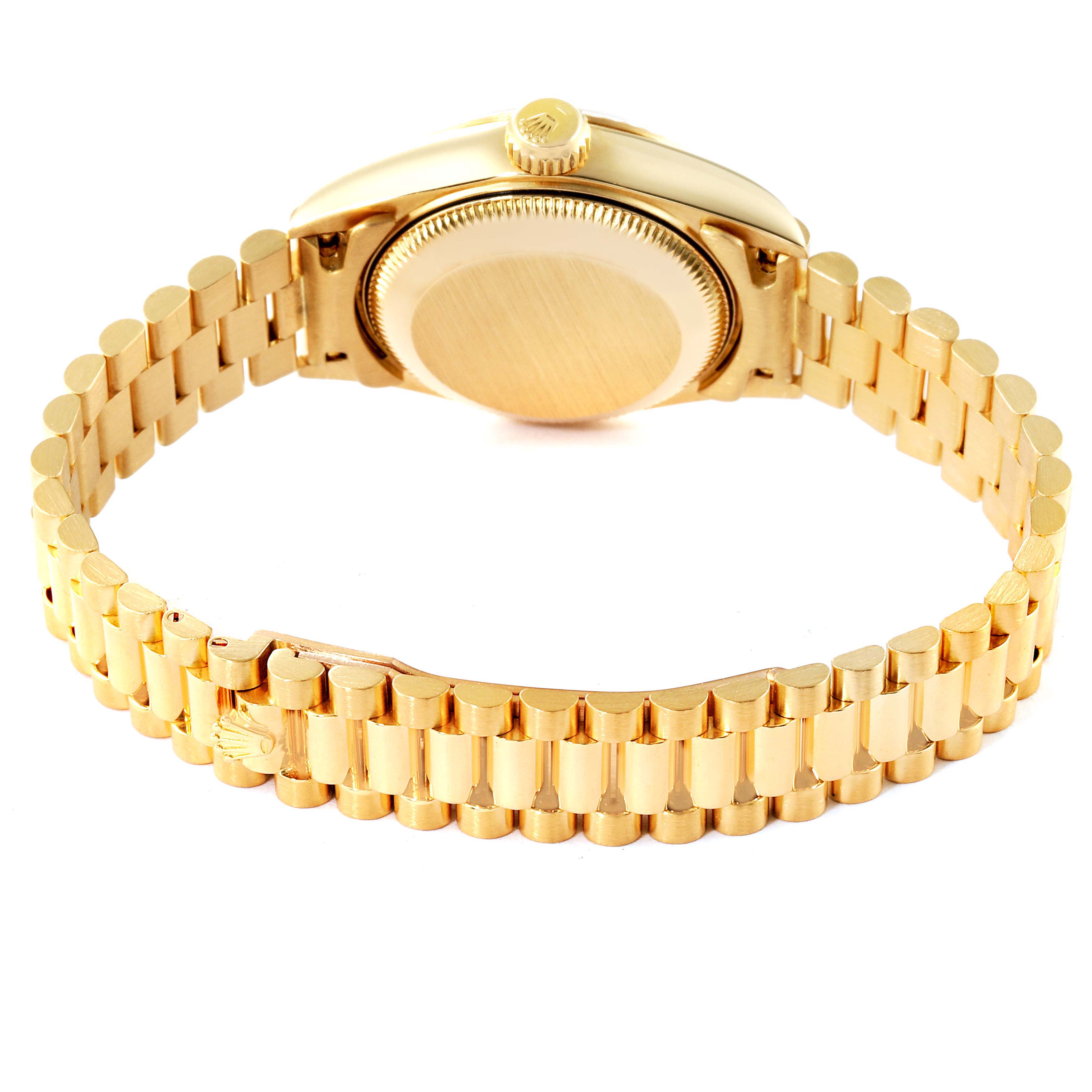 The image shows the back view and bracelet of a Rolex President 69178 Women
s Yellow Gold Champagne Dial 69178 Women
s Yellow Gold Champagne Dial model watch, showcasing its gold-colored links and case back.