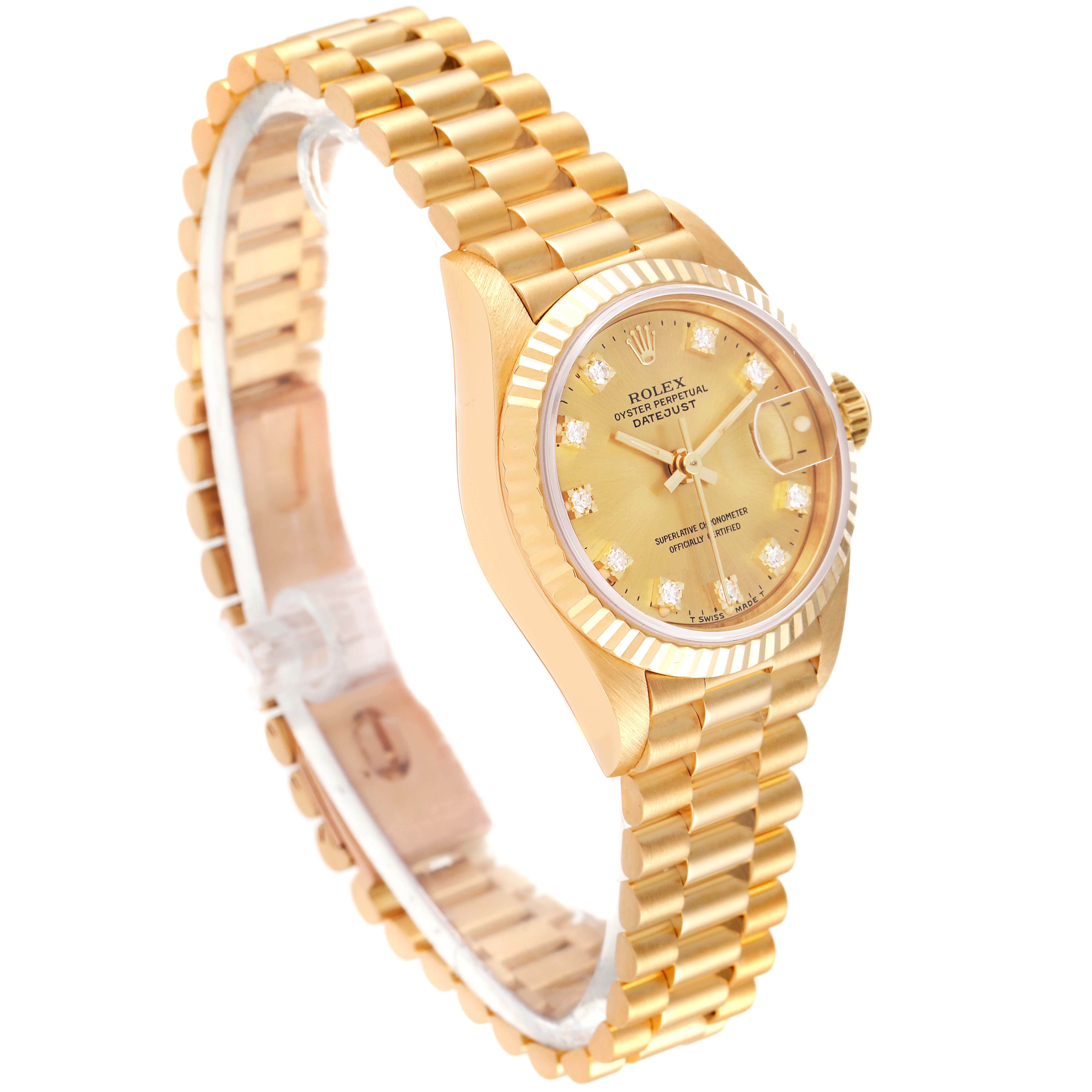 The Rolex President 69178 Women
s Yellow Gold Champagne Dial 69178 Women
s Yellow Gold Champagne Dial model watch is shown at a slight side angle, displaying its golden bracelet and dial.