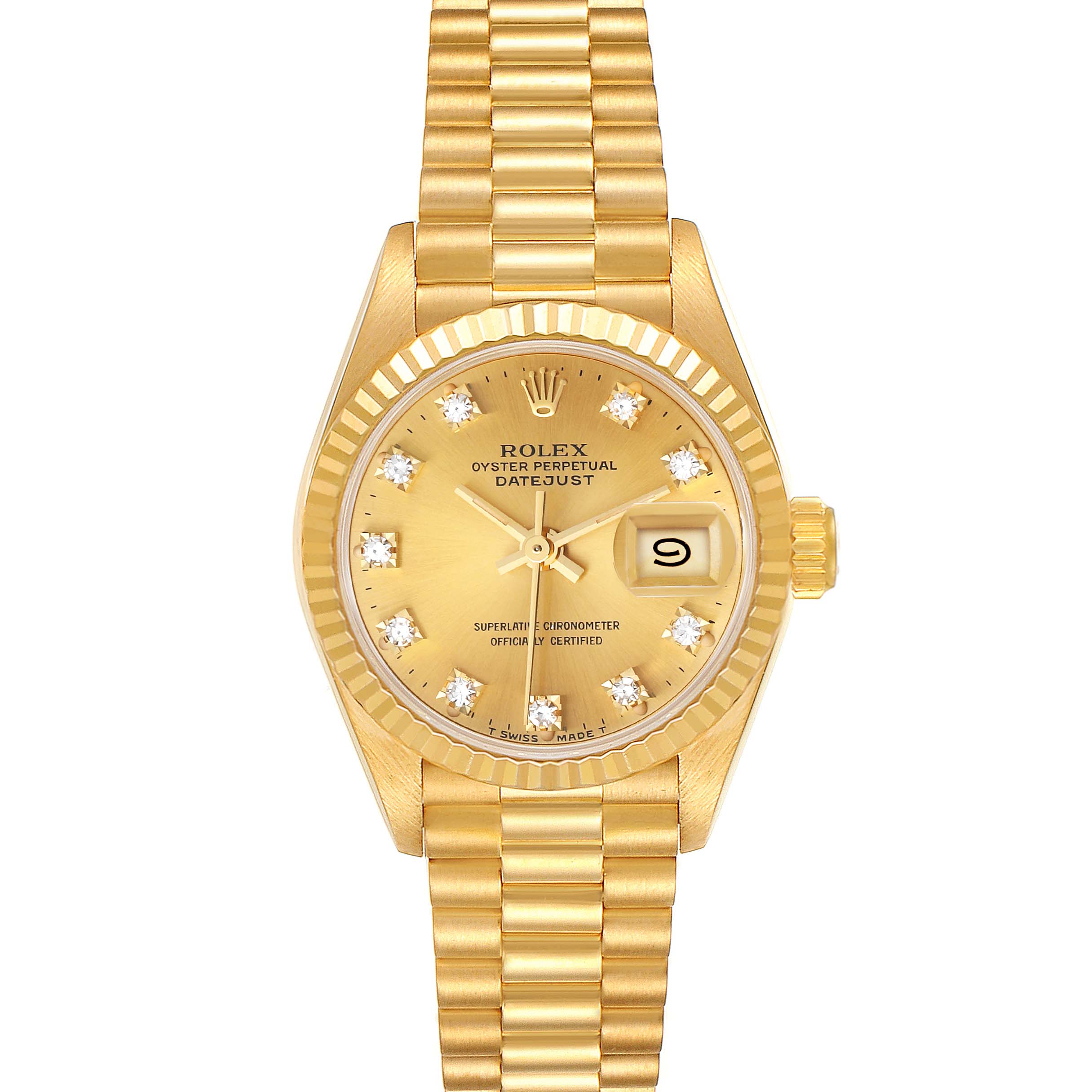 This image shows the front view of a Rolex President 69178 Women
s Yellow Gold Champagne Dial 69178 Women
s Yellow Gold Champagne Dial model watch, highlighting its gold dial, fluted bezel, and President bracelet.