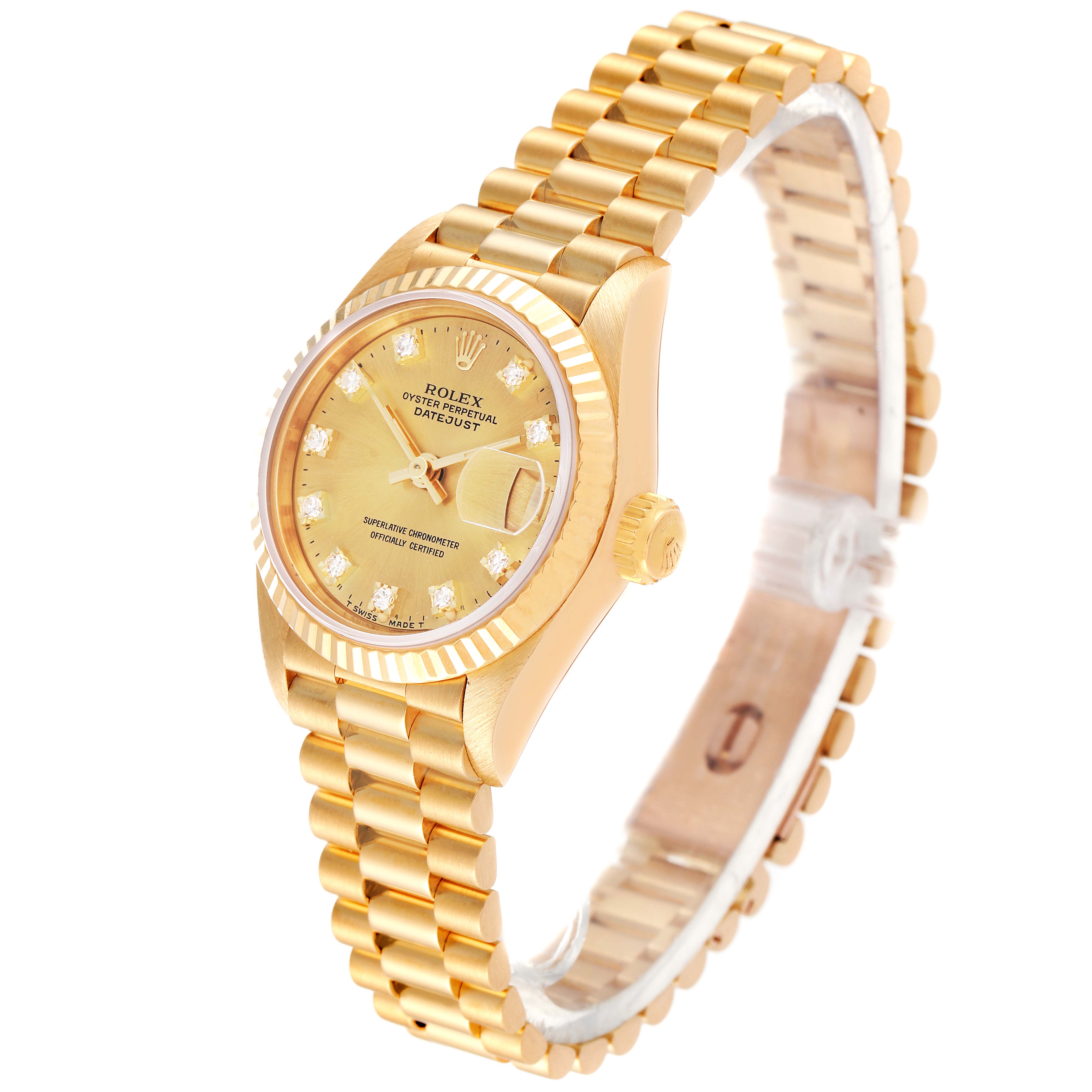 This image shows the Rolex President 69178 Women
s Yellow Gold Champagne Dial 69178 Women
s Yellow Gold Champagne Dial model watch at a three-quarter angle, featuring its face, bezel, and bracelet.