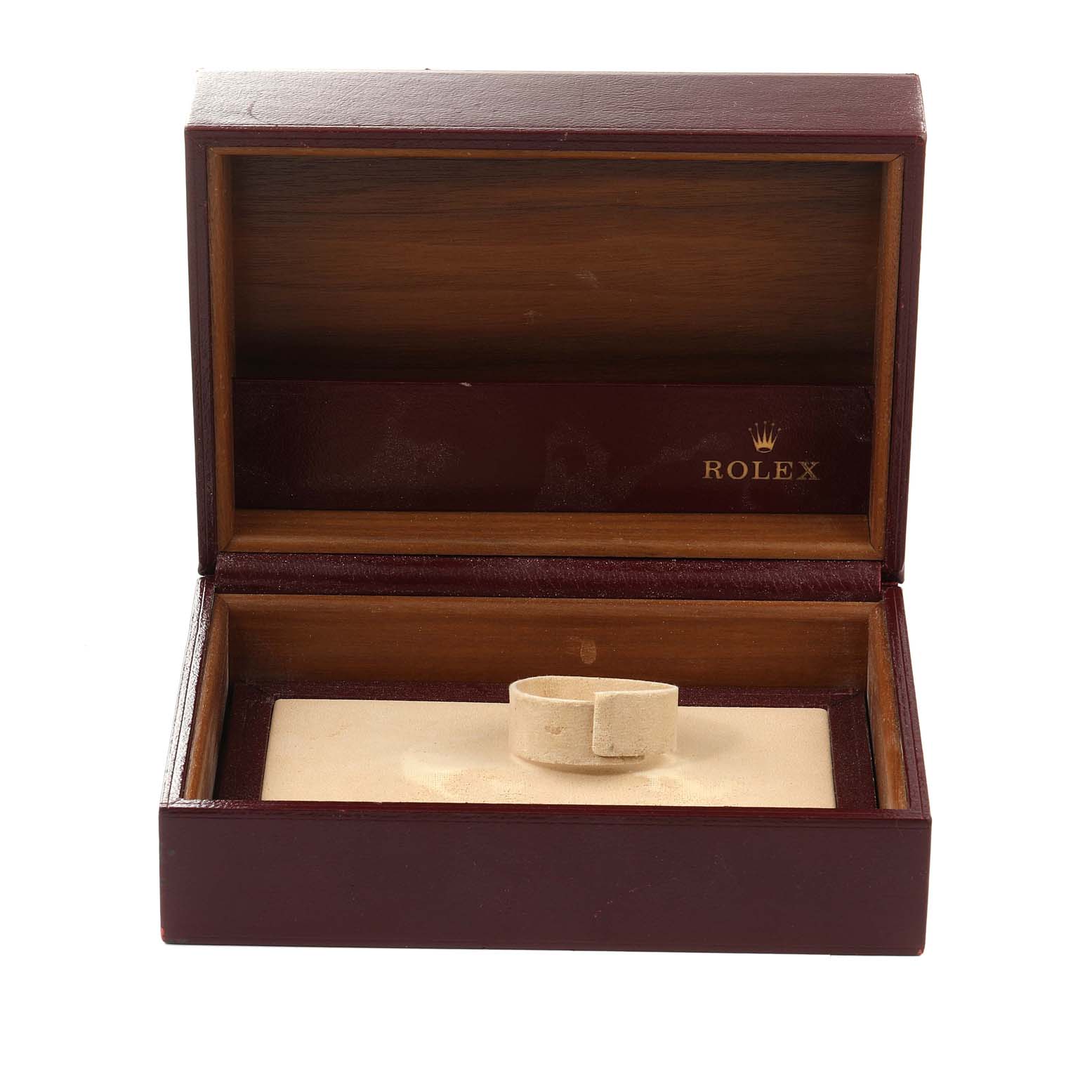 This image shows an empty Rolex President 69178 Women
s Yellow Gold Champagne Dial 69178 Women
s Yellow Gold Champagne Dial model watch box with an open lid, displaying the beige cushion inside.