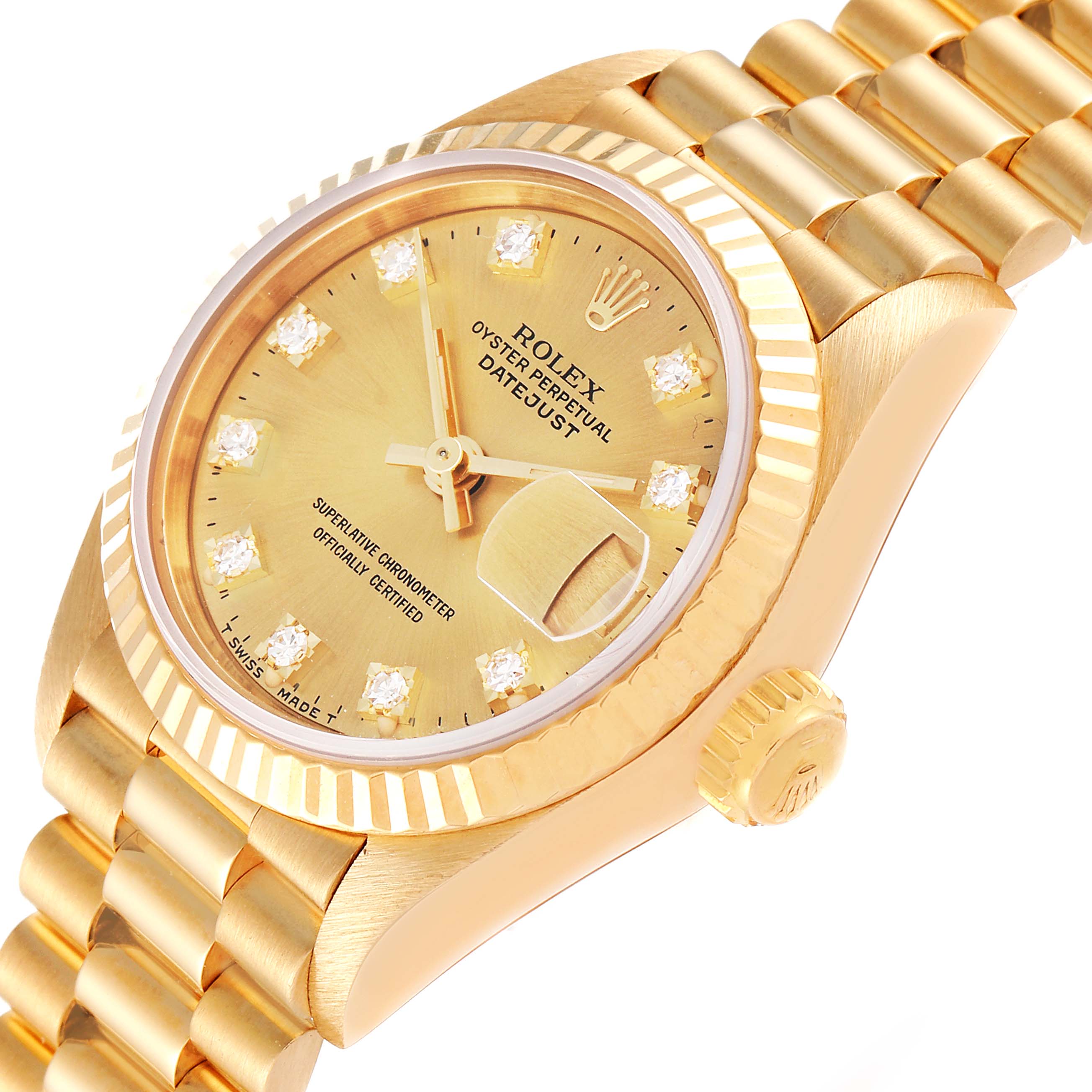 The image shows a close-up angle of a Rolex President 69178 Women
s Yellow Gold Champagne Dial 69178 Women
s Yellow Gold Champagne Dial model, focusing on the dial, crown, and a portion of the bracelet.