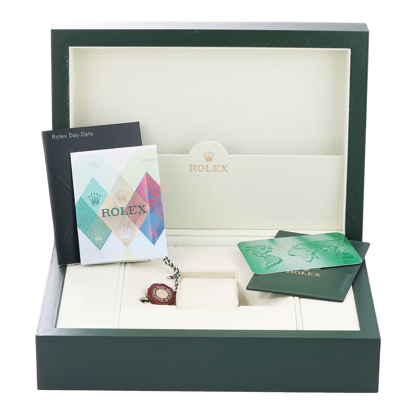 The image shows an open box of the Rolex President 118389 Men's White Gold Silver Dial 118389 Men's White Gold Silver Dial model, including booklets, tags, and cards, but without the watch.