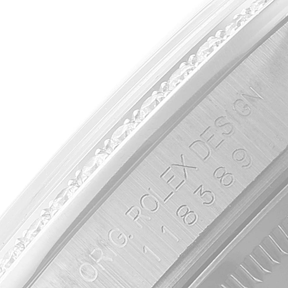 This image shows a close-up view of the side engraving on a Rolex President 118389 Men's White Gold Silver Dial 118389 Men's White Gold Silver Dial model watch, highlighting the serial and model numbers.