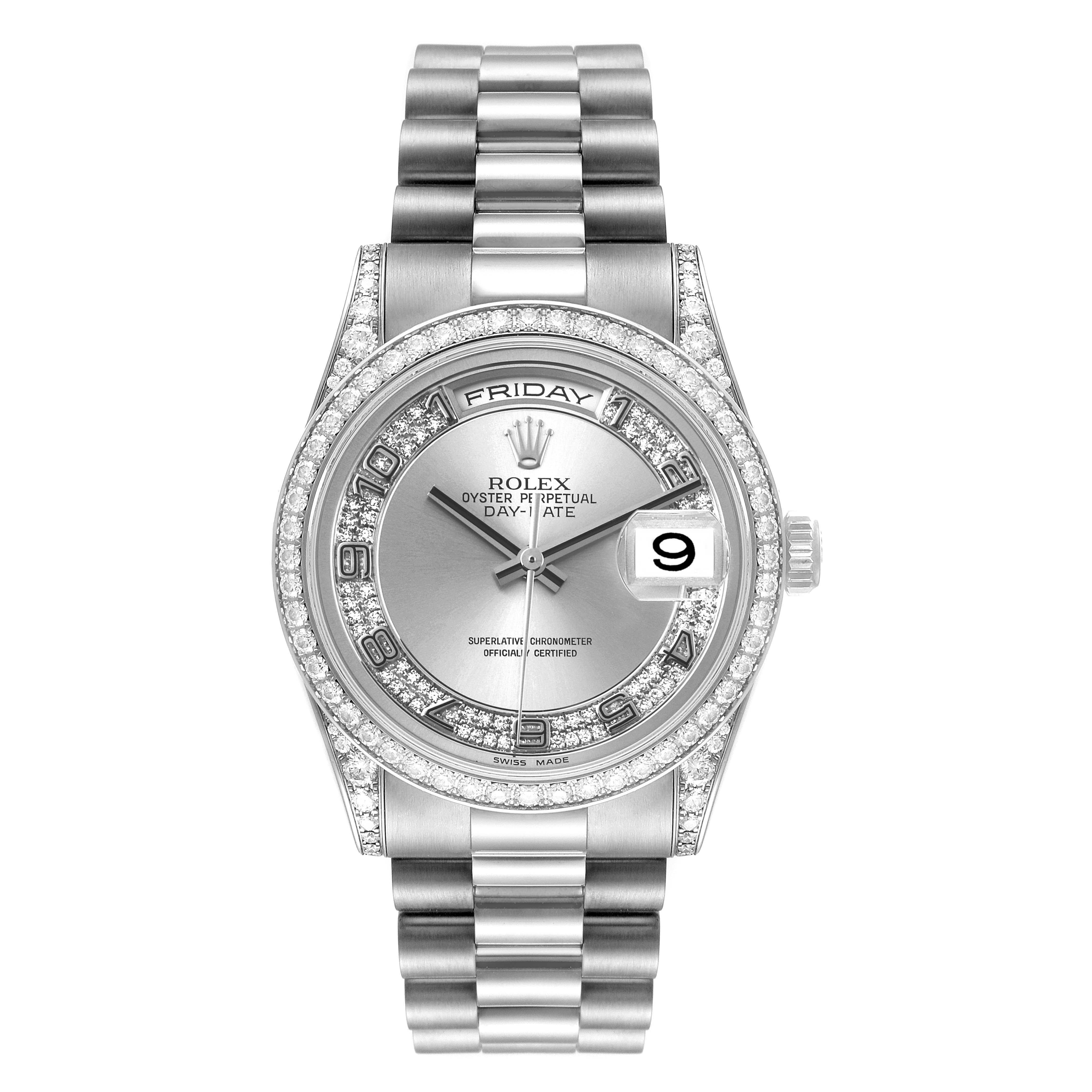 This Rolex President 118389 Men's White Gold Silver Dial 118389 Men's White Gold Silver Dial model watch is shown from a front angle, highlighting its full face, bracelet, and bejeweled bezel.