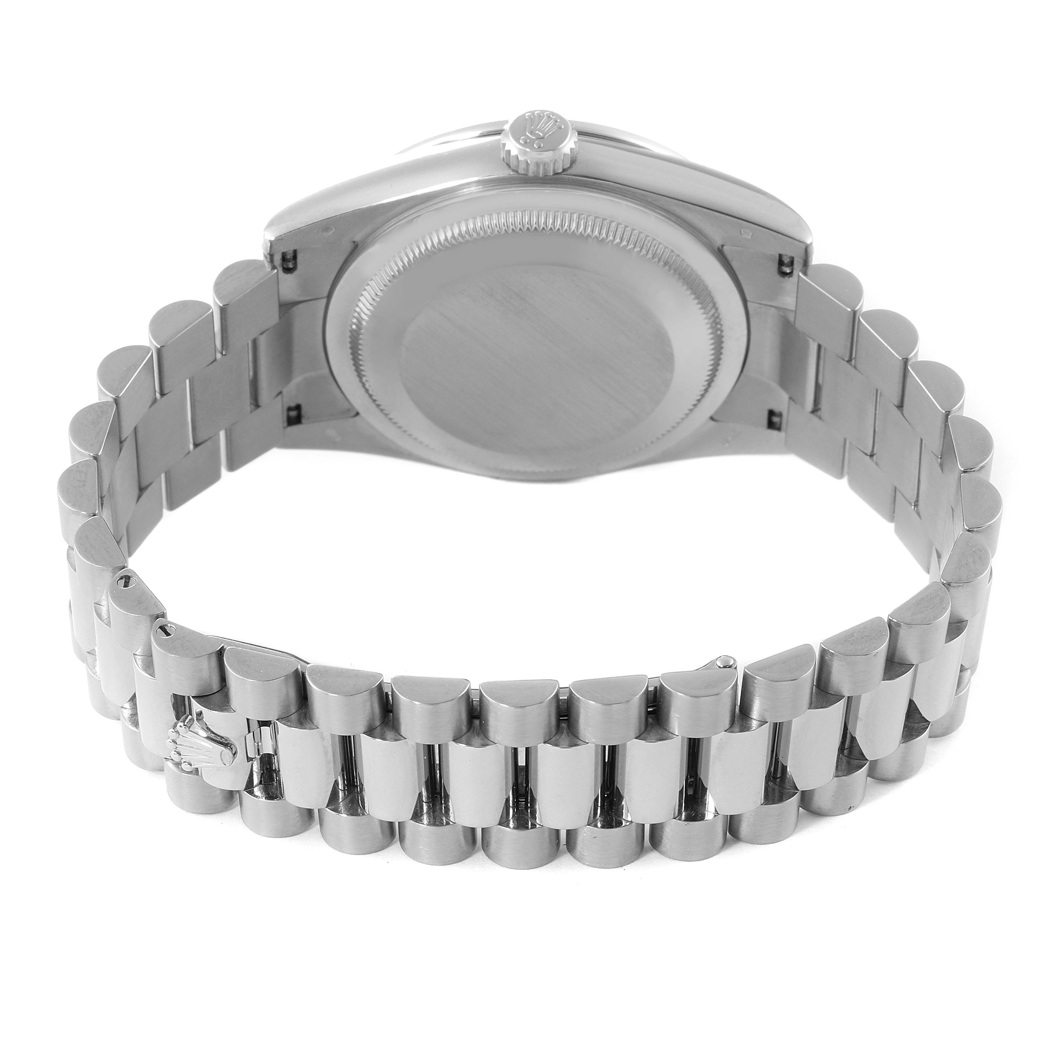The image shows the back view of a Rolex President 118389 Men's White Gold Silver Dial 118389 Men's White Gold Silver Dial model watch, highlighting the case back and the bracelet.