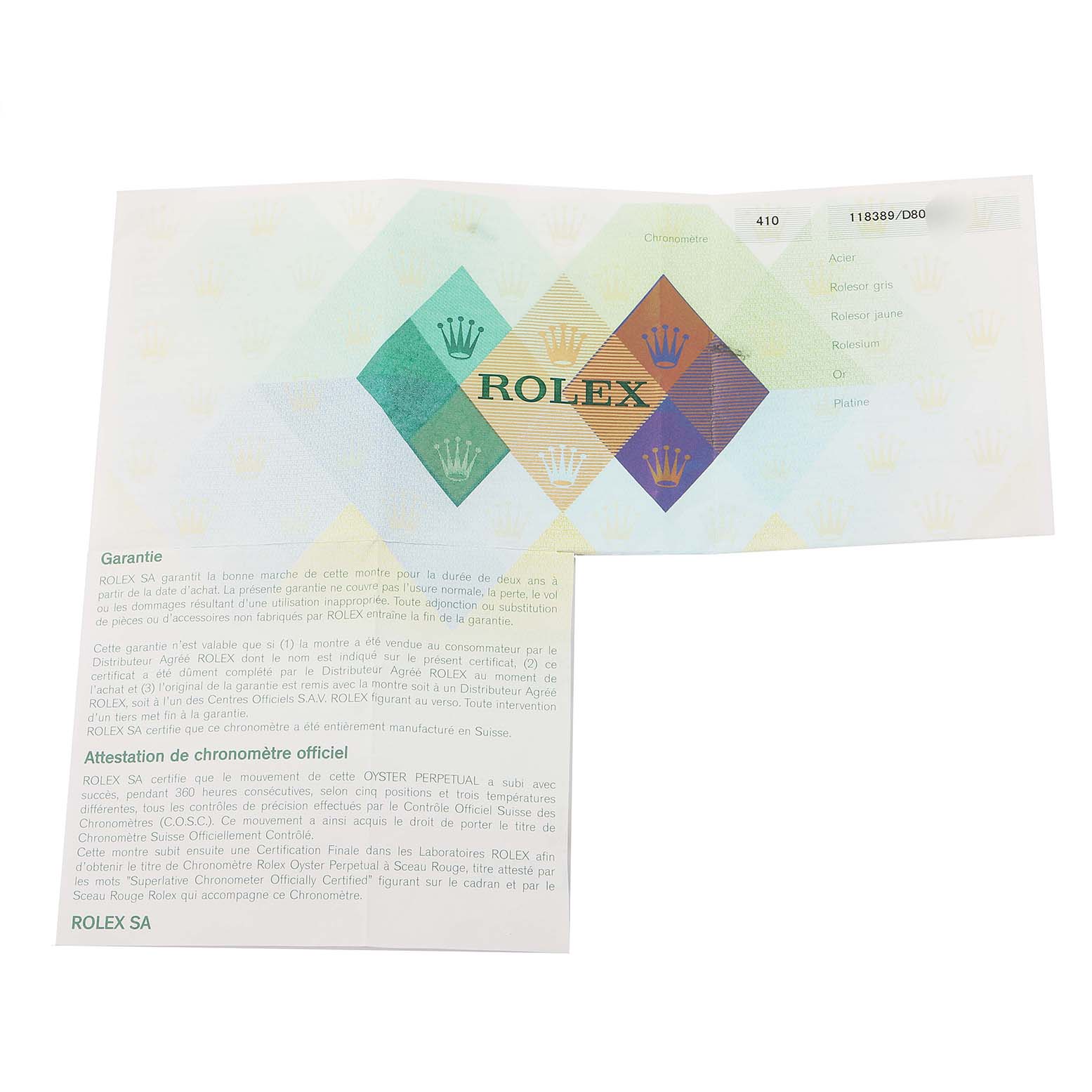 This image shows the warranty card and official certification for a Rolex President 118389 Men's White Gold Silver Dial 118389 Men's White Gold Silver Dial model watch.